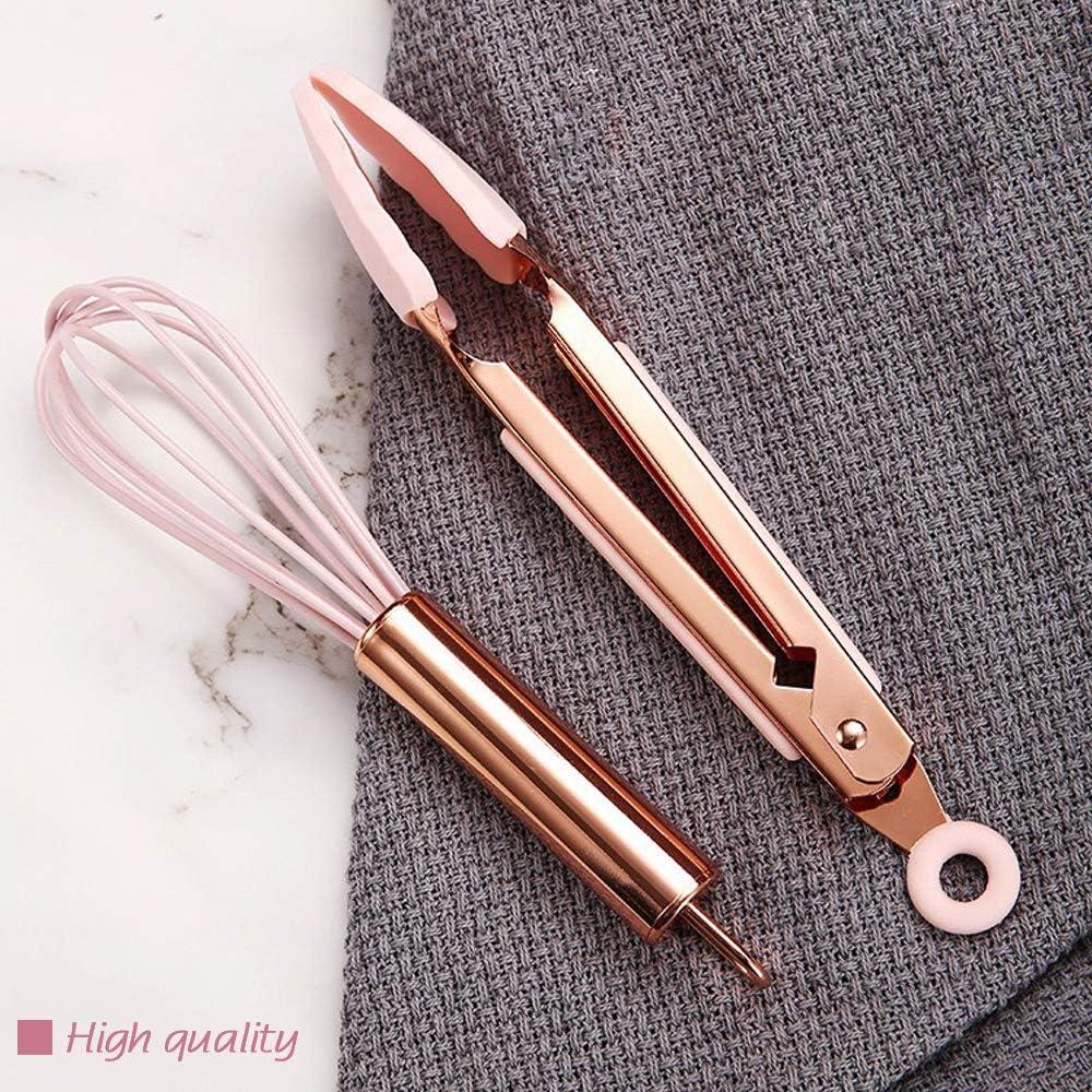 Hvanam Rose Gold And Pink Kitchen Utensil Small Five-Piece Set Mini Silicone Kids Kitchen Tools Whisk Spatula Tongs Spoon And Slotted Spatula(Pink 5 Piece)