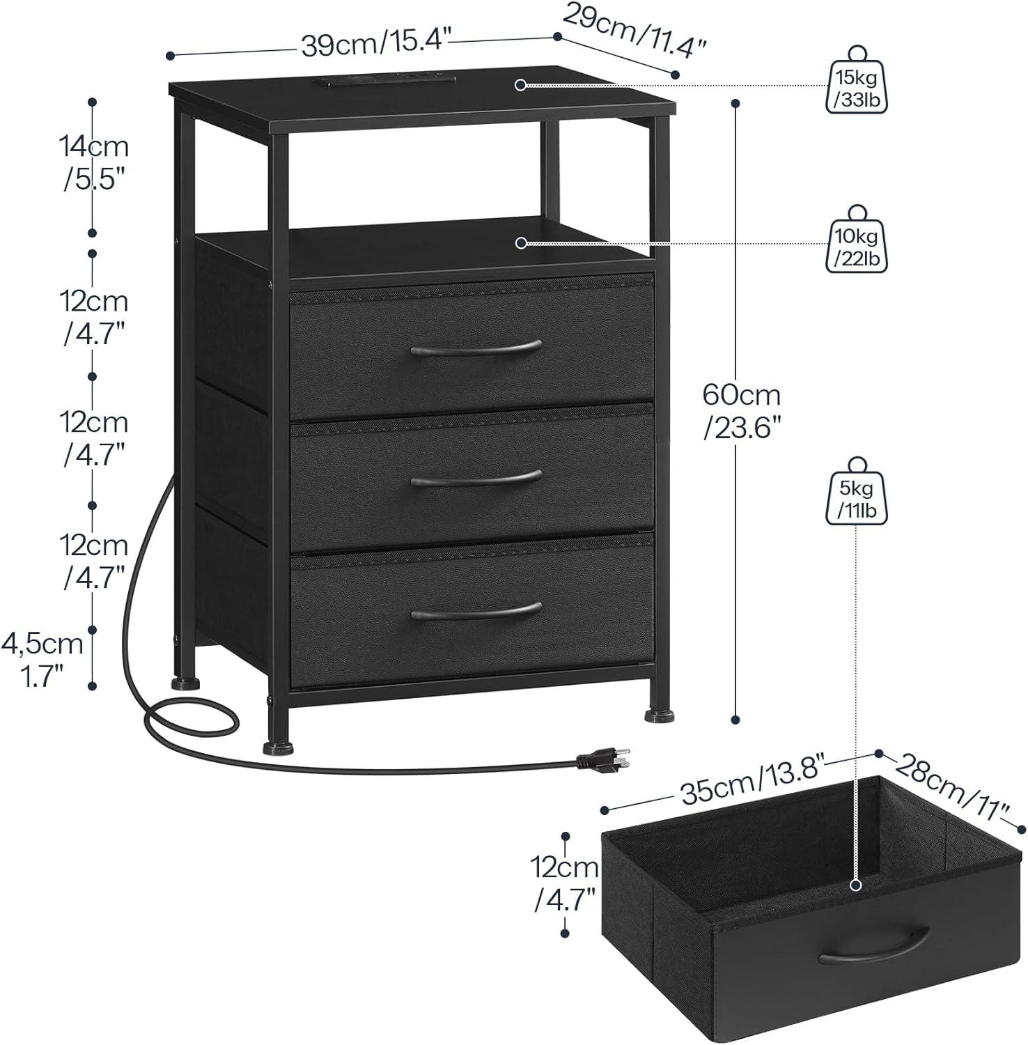 LED Nightstand with Charging Station, Side Table with USB Ports and Outlets, End Table for Small Spaces, Black Bedside Tables with Fabric-Wood 2-in-1 Drawer for Bedroom, Living Room, Office