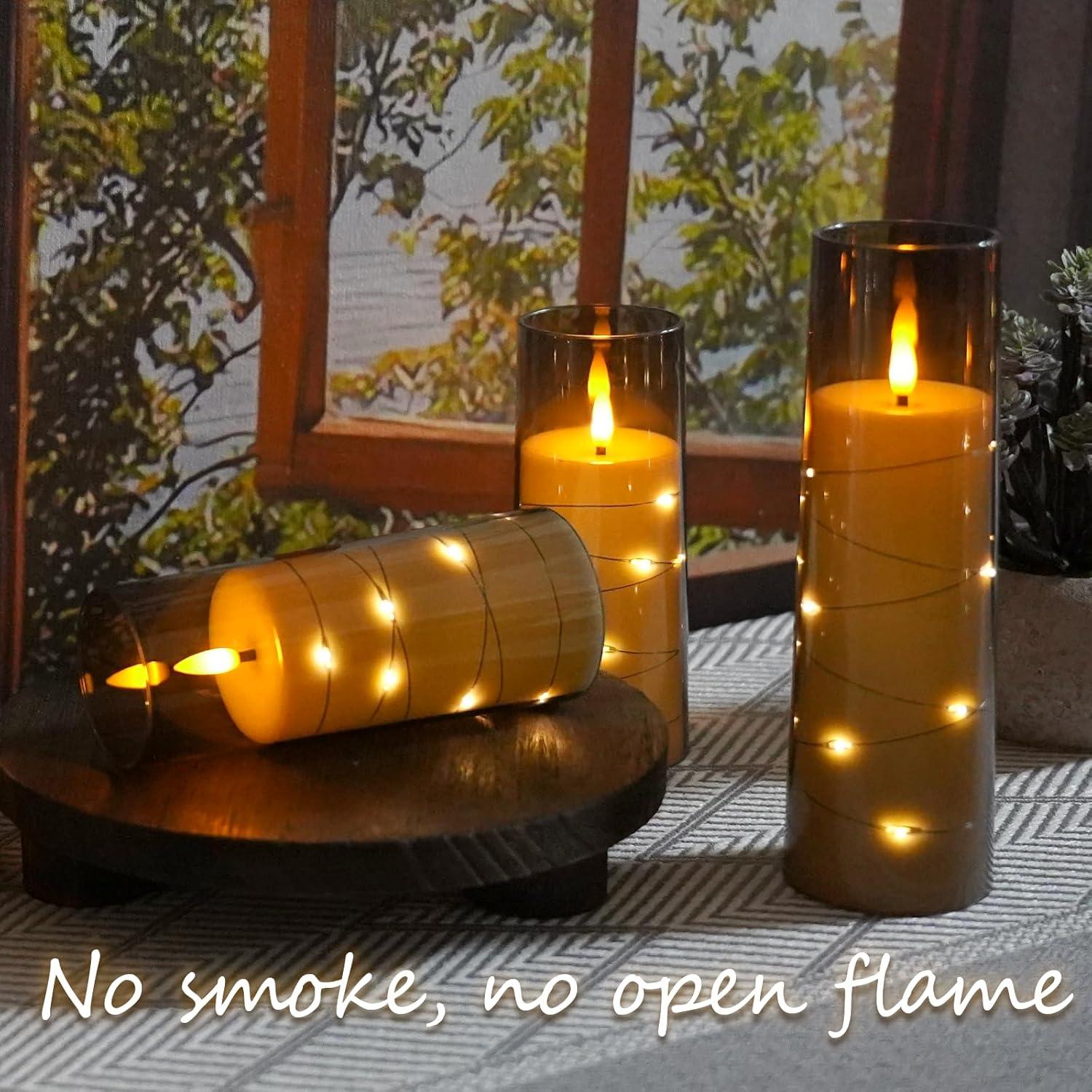 Raycare Flameless LED Candles with Embedded Star String, 9 Pcs Battery Operated Acrylic Pillar Candles with Timer and Remote, Flickering for Romantic Ambiance and Home Decoration (Grey)