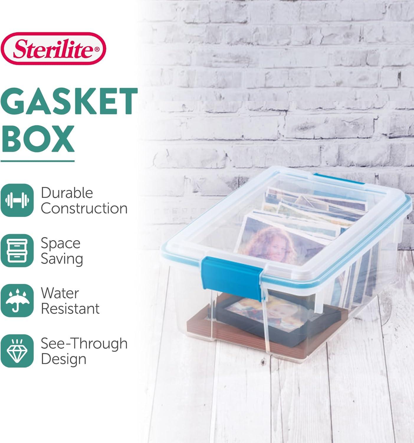 Sterilite 12 Qt Gasket Box, Stackable Storage Bin with Latching Lid and Tight Seal Plastic Container to Organize Basement, Clear Base and Lid, 12-Pack