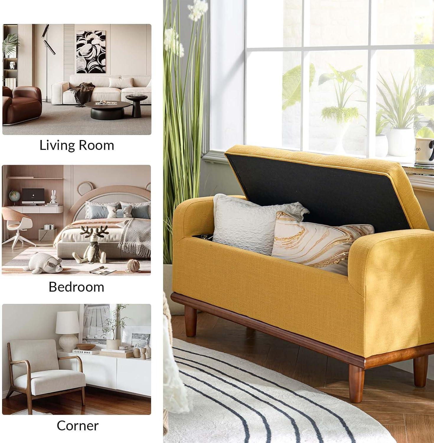 Mustard Upholstered Storage Bench with Walnut Wood Legs