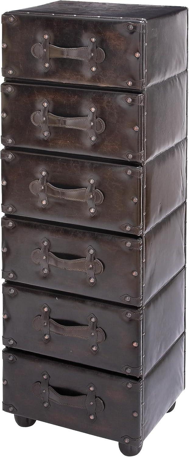 Vintage Faux Leather 6-Drawer Chest in Dark Brown with Rivet Details