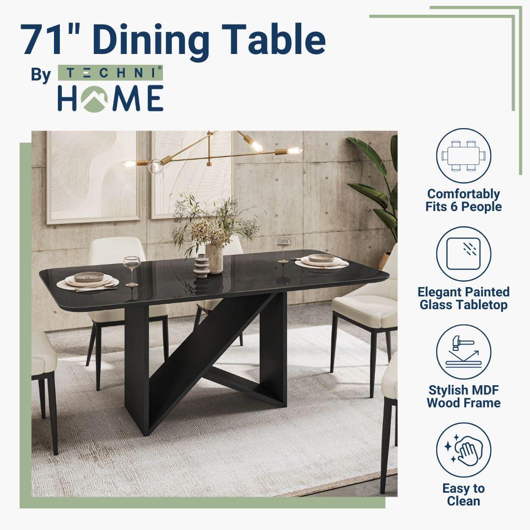 Elegant Painted Glass Dining Table for 6, Italian-Style 6-Seater Dining Table with Tempered Glass Top and Elegant Wood Base, Modern and Sophisticated Design for Dining Rooms, Black