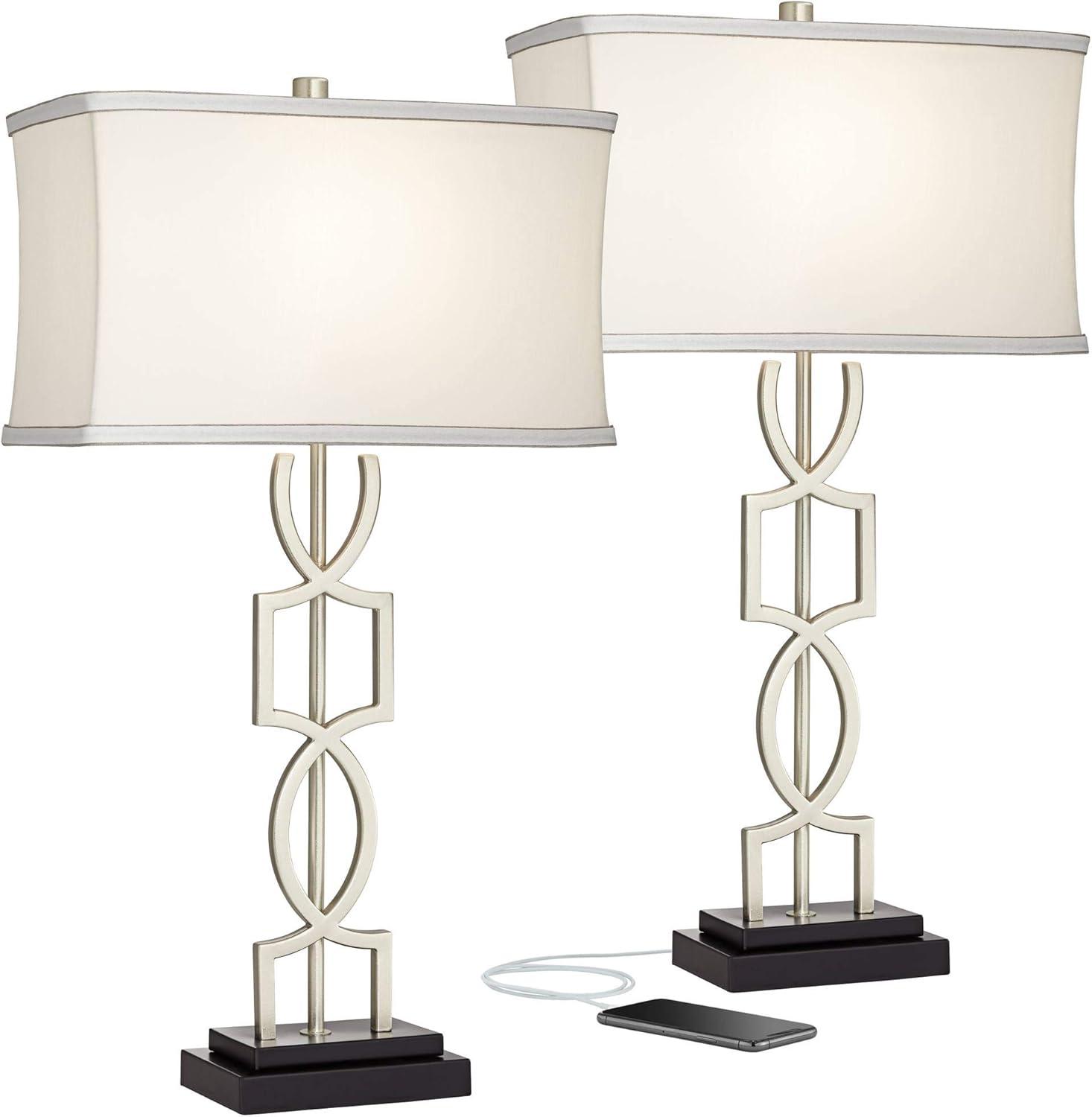 360 Lighting Evan Modern Table Lamps 28 1/2" Tall Set of 2 Brushed Nickel with USB Charging Port Table Top Dimmers White Rectangular Shade for Bedroom