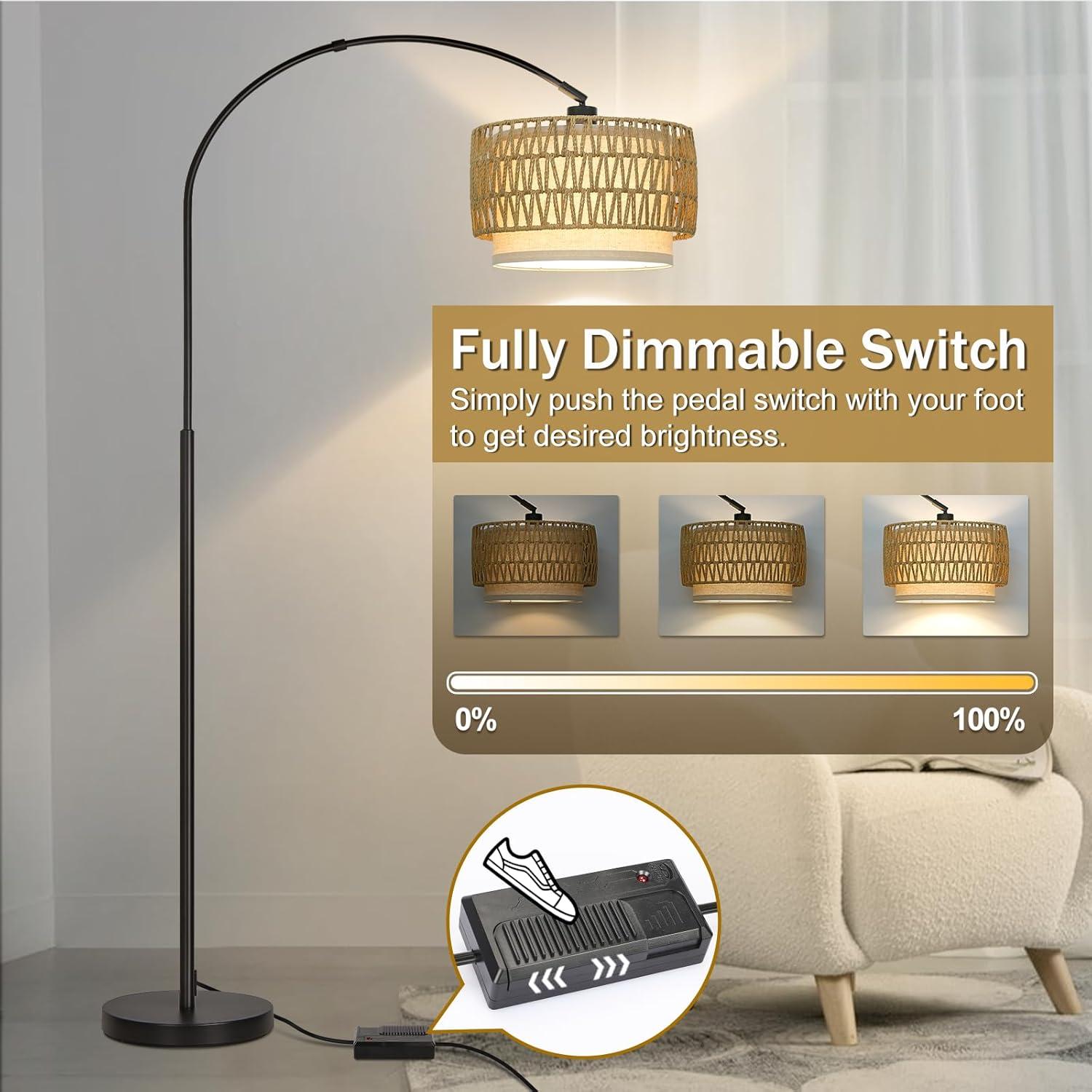 Rattan Floor Lamp, Dimmable Arc Floor Lamps for Living Room, Boho Farmhouse Standing Lamp with Adjustable Head, Tall Pole Lamp Reading Light for Bedroom, Over Couch, Office, 9W LED Bulb Included
