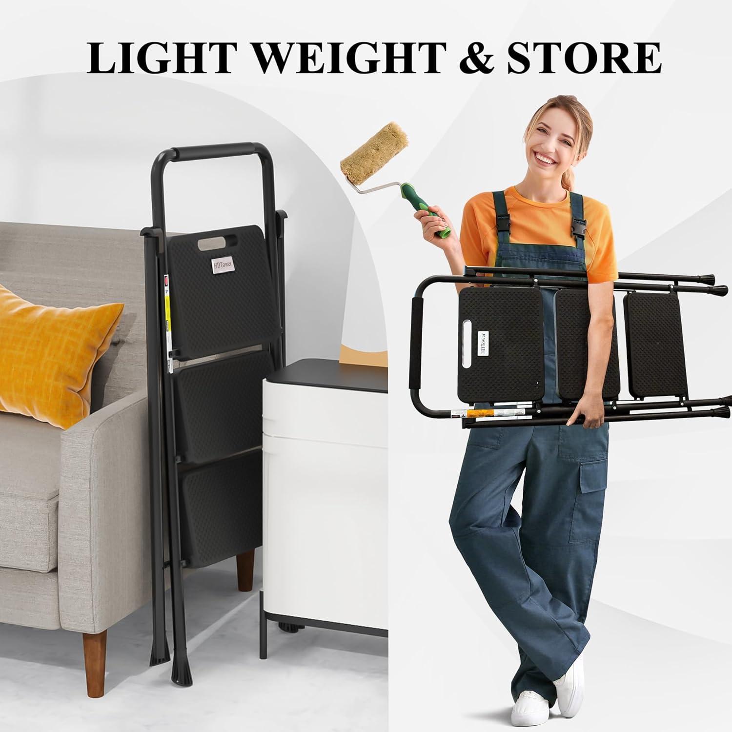 Black Folding 3-Step Ladder with Cushioned Handle