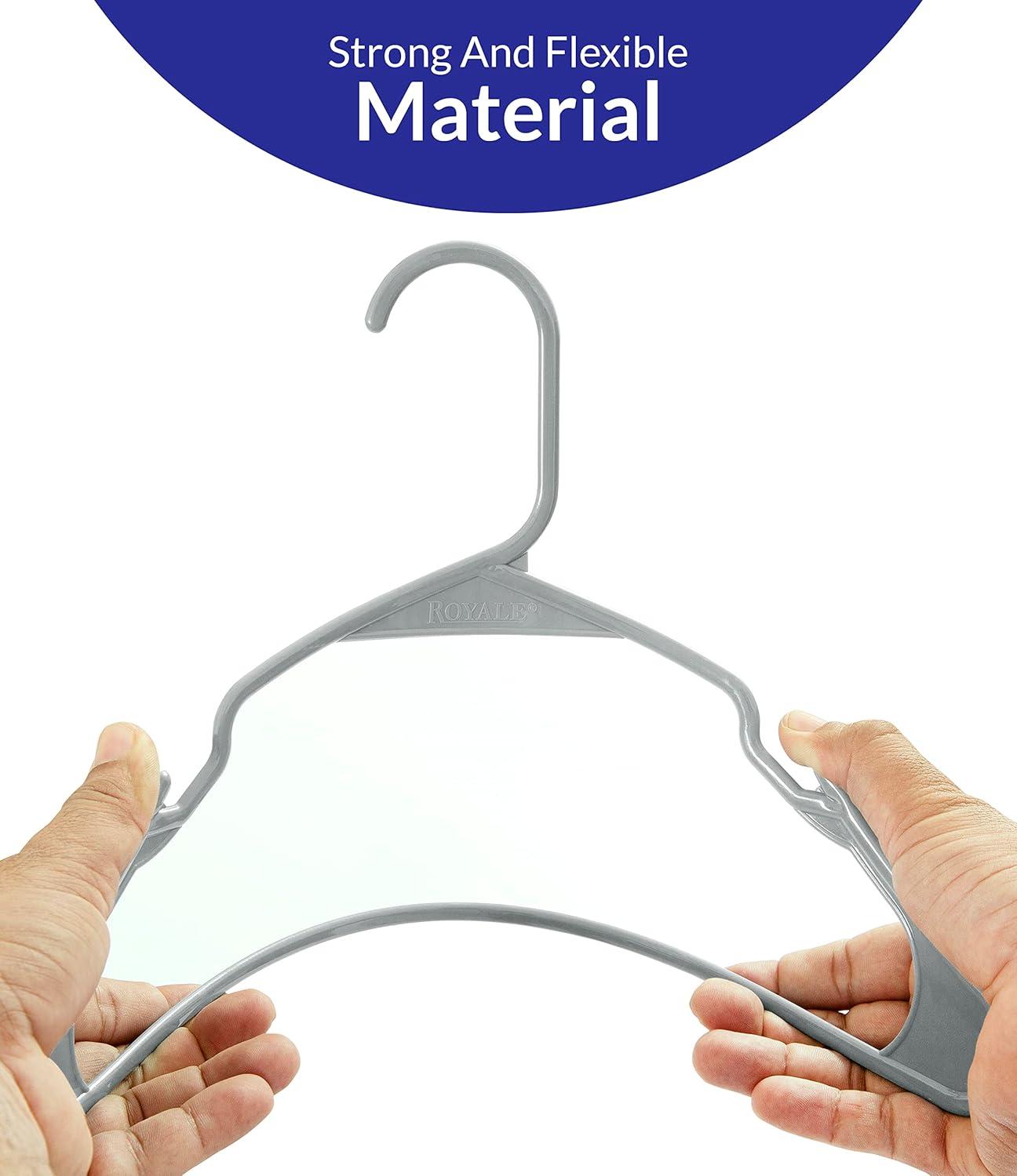 Royale 20 Pack Grey Plastic Hangers For Clothes - Heavy Duty Plastic Clothes Hanger Ideal For Everyday Standard Use - Lightweight & Space Saving Notched Plastic Hangers - Slim & Sleek Shoulder Groove