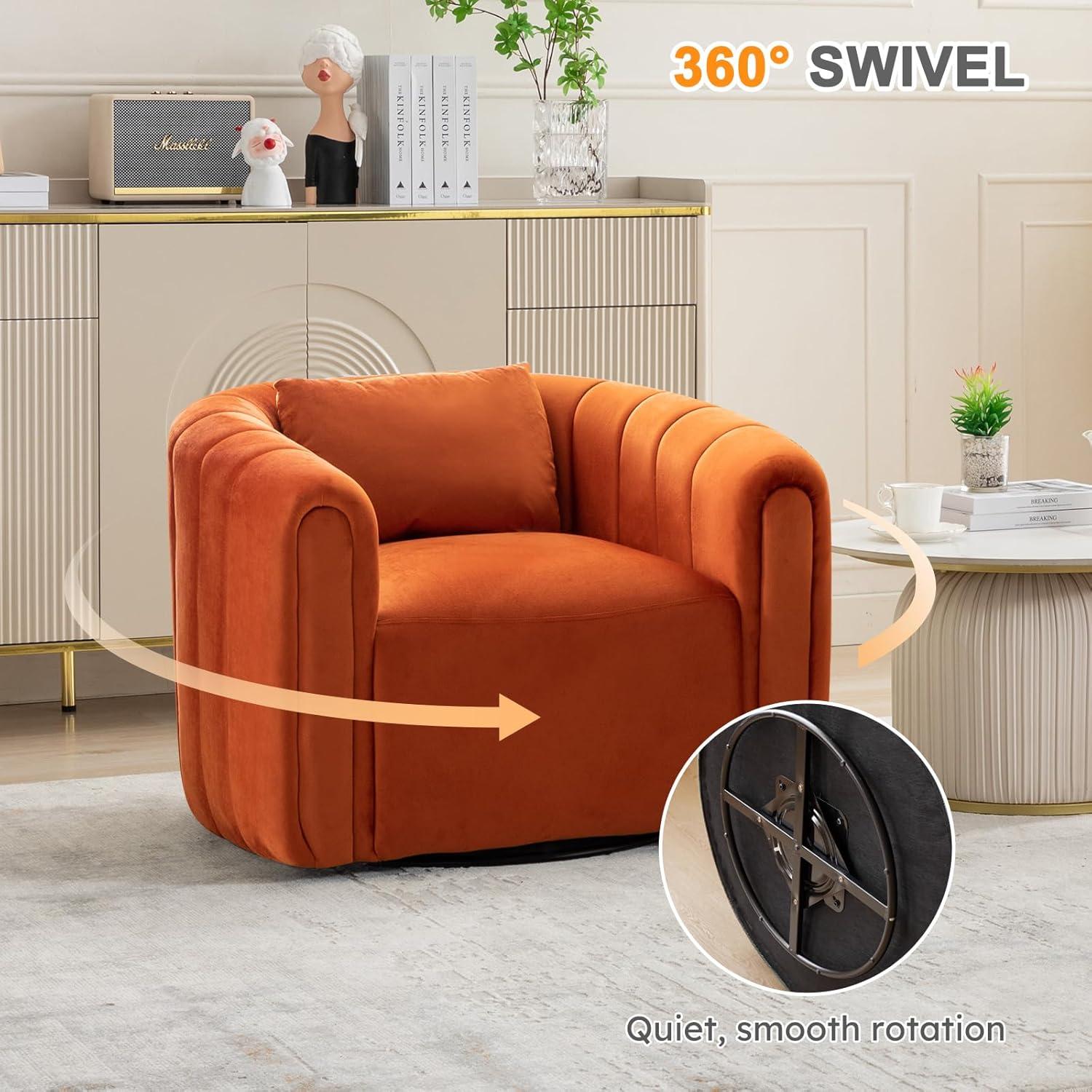 EBELLO  Oversize Velvet Swivel 360° Rotation Barrel Comfy Round Armchair With Plump Pillow Suitable For Living Room Bedroom Orange