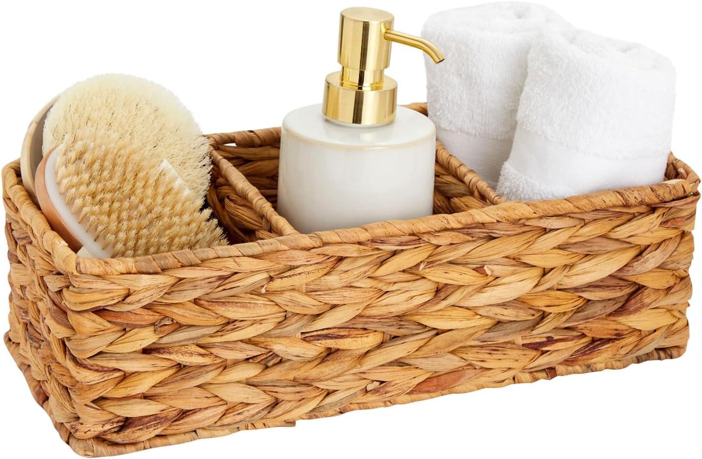 Farmlyn Creek 3-Section Wicker Baskets for Shelves, Water Hyacinth Storage Baskets for Bathroom Organizing, 2-Pack
