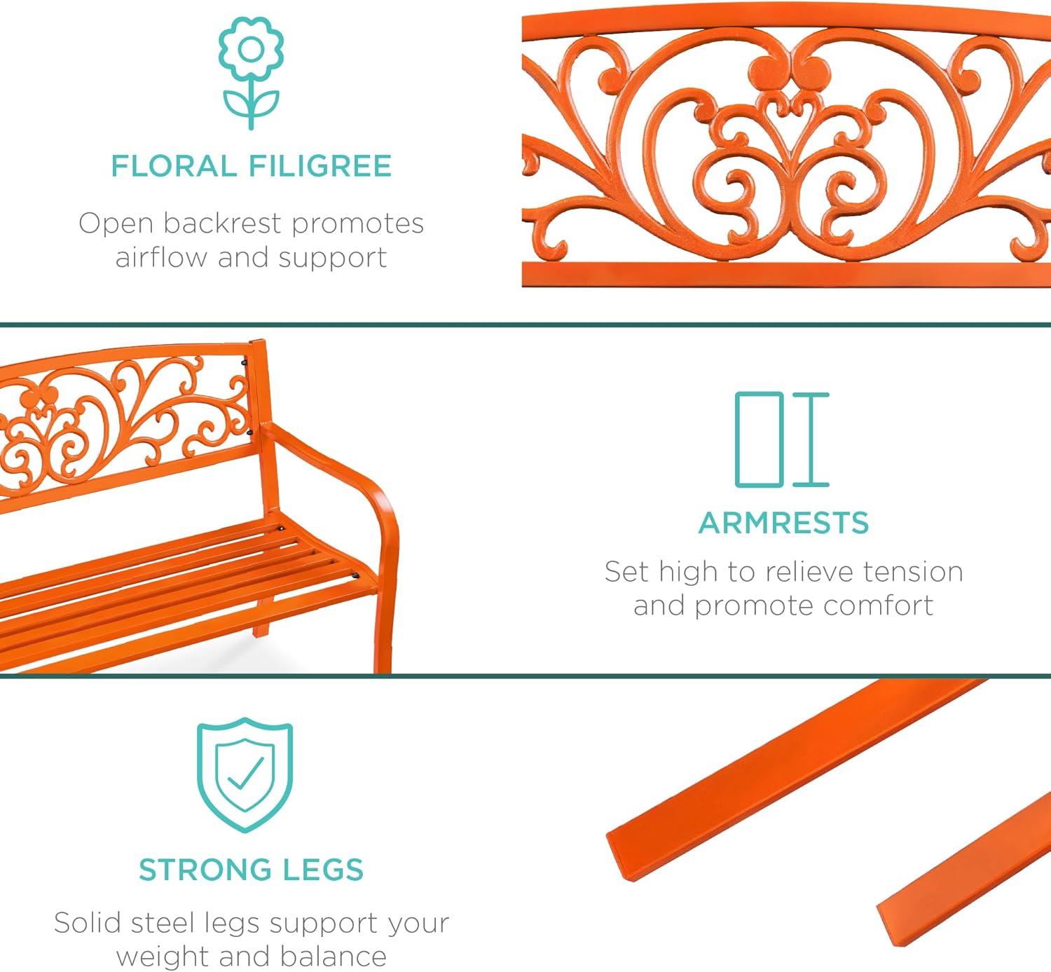 World Menagerie Outdoor Steel Bench with Floral Backrest & Slatted Seat, Marigold for Garden, Patio, Porch, Lawn, and Deck