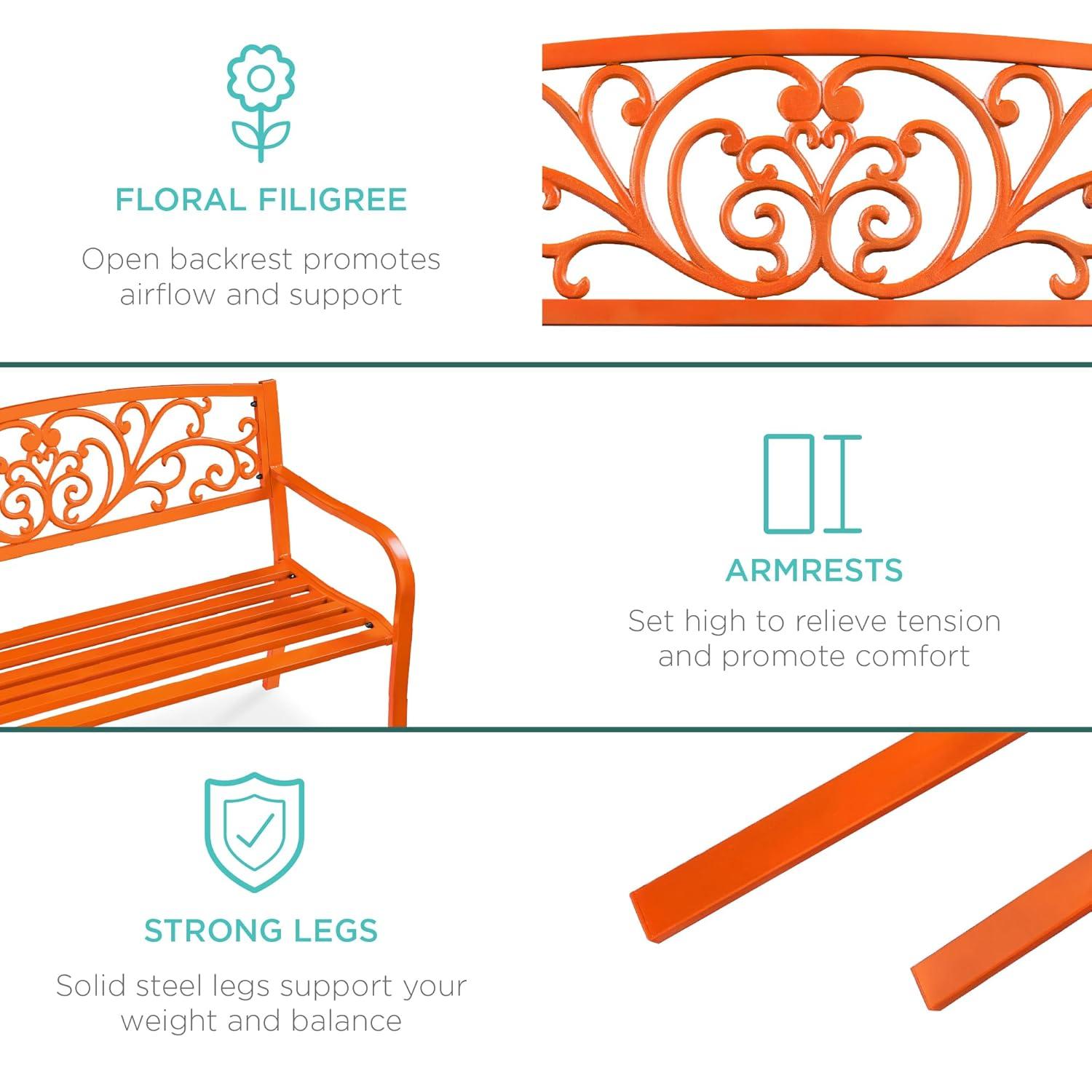 World Menagerie Outdoor Steel Bench with Floral Backrest & Slatted Seat, Marigold for Garden, Patio, Porch, Lawn, and Deck