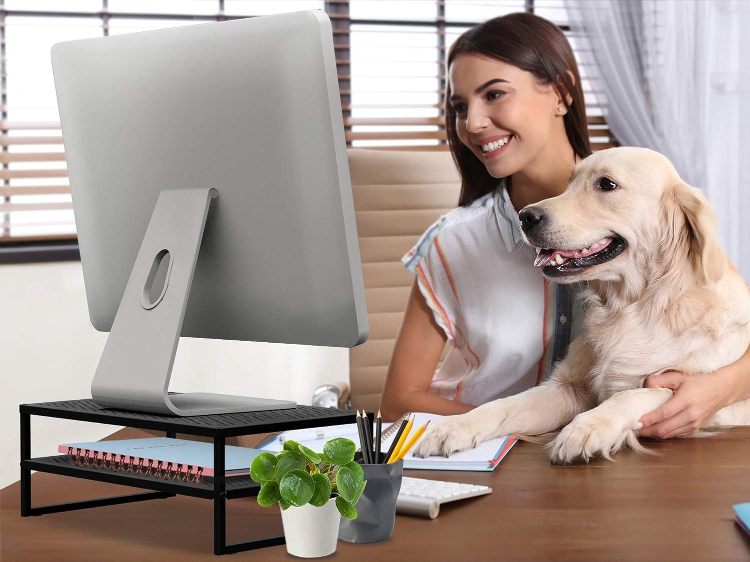 Black Metal 2-Tier Monitor Stand with Perforated Shelves