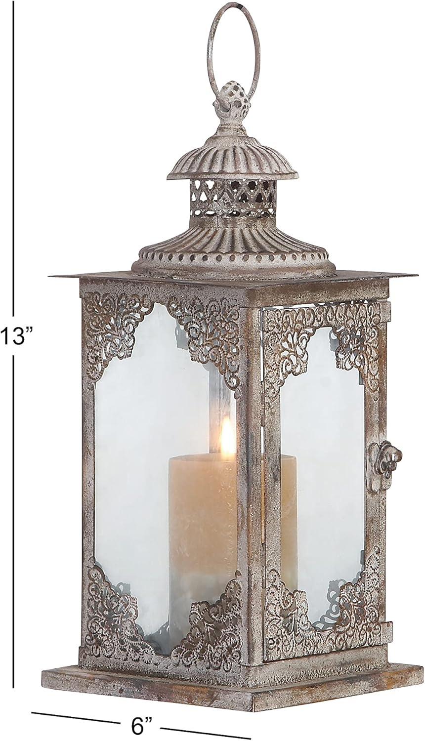 Elegant Tarnished Gray Iron and Glass Tabletop Lantern