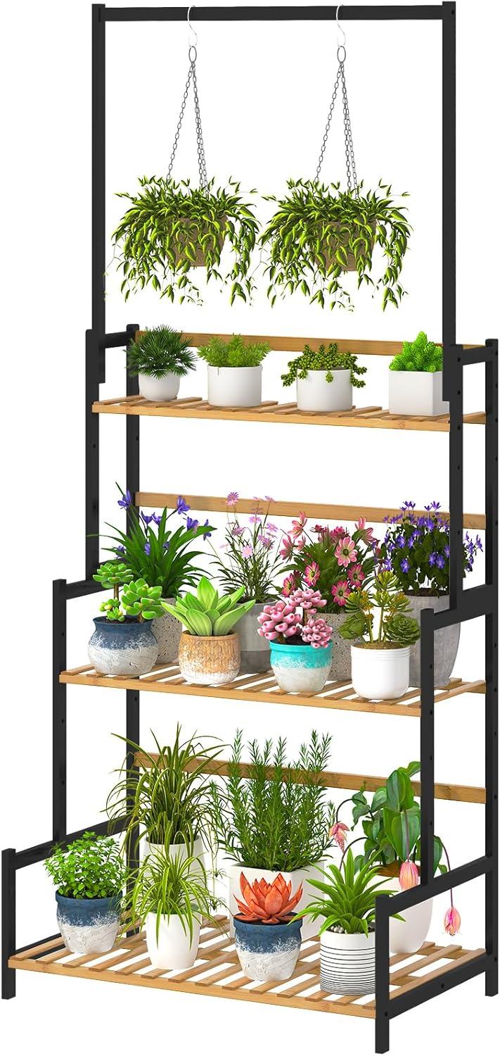 Ufine Bamboo Ladder Plant Stand 3 Tier Foldable Flower Pot Display Shelf Rack for Indoor Outdoor Home Patio Lawn Garden Balcony Organizer Planter Holder