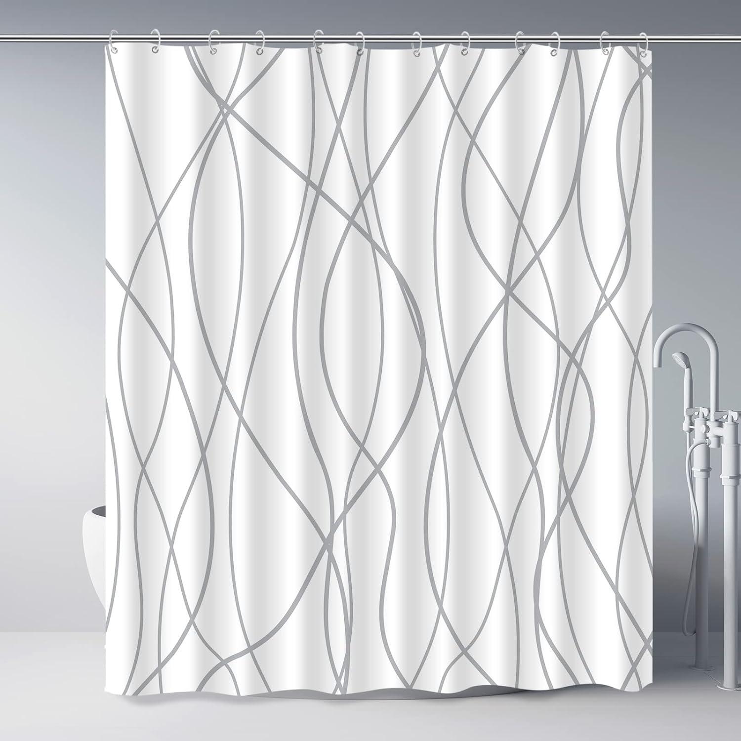 72-Inch White and Gray Striped Polyester Shower Curtain with Hooks