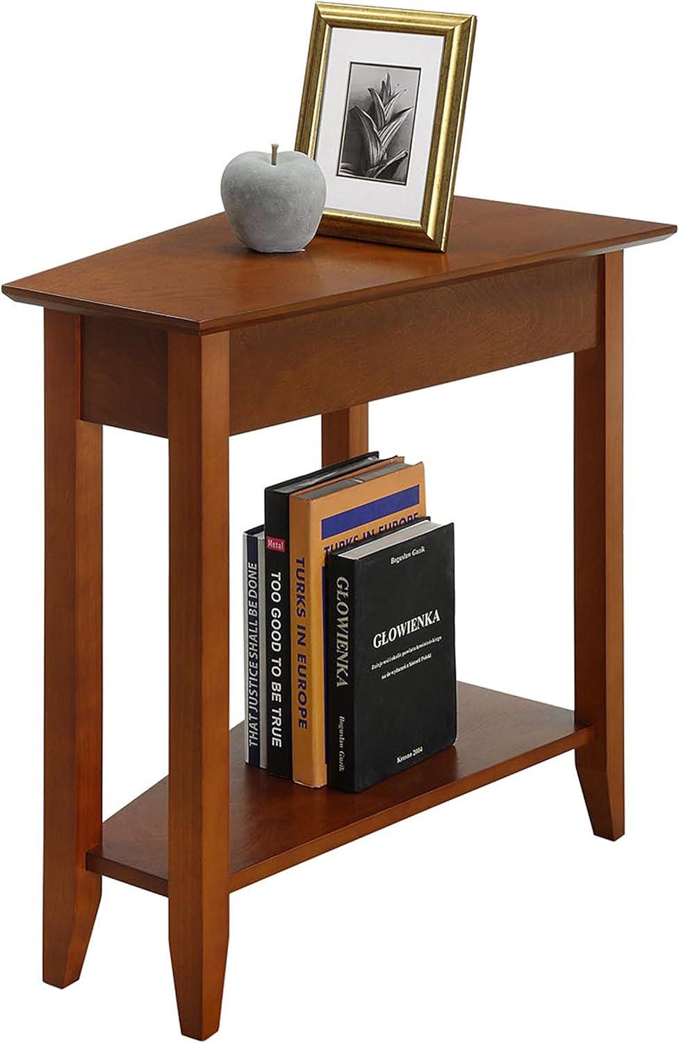 Triangular Cherry Wood and Metal Wedge End Table with Shelf