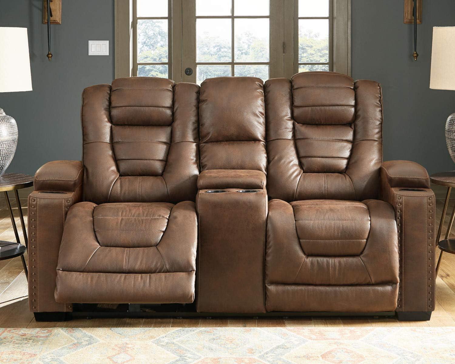 Ashley Furniture Owner's Box Faux Leather Power Reclining Loveseat in Dark Brown
