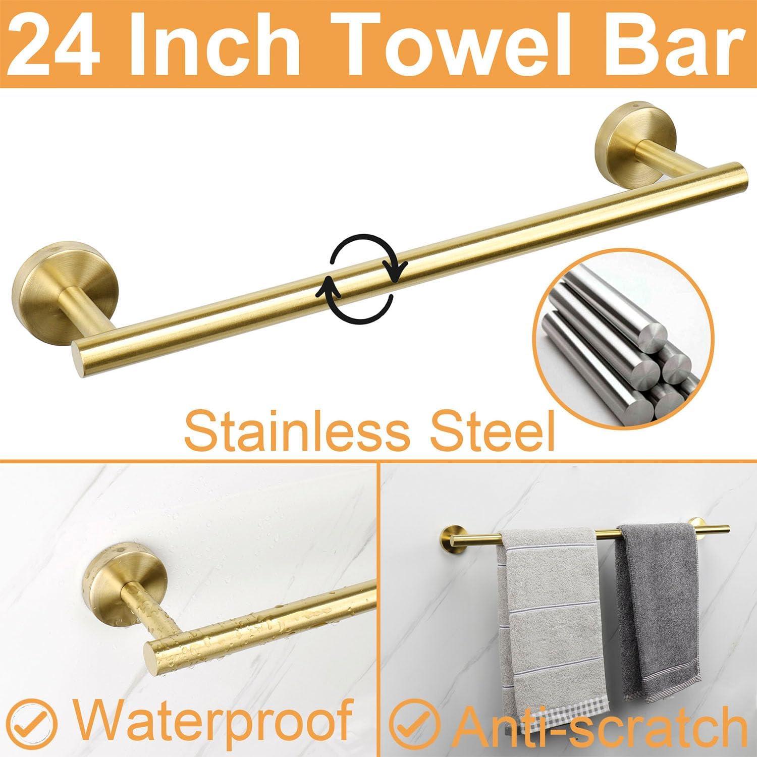 5 PCS Bathroom Hardware Set SUS304 Stainless Steel-Towel Rack Set Include Lengthen Hand Towel Bar+Toilet Paper Holder+3 Robe Towel Hooks Bathroom Accessories Towel Bar Set (Black Gold, 24IN)