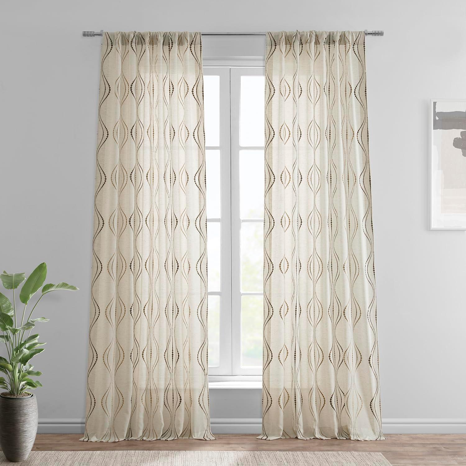 Suez Bronze Embroidered Faux Linen Sheer Curtain (1 Panel), Suez Bronze, 50W X 96L