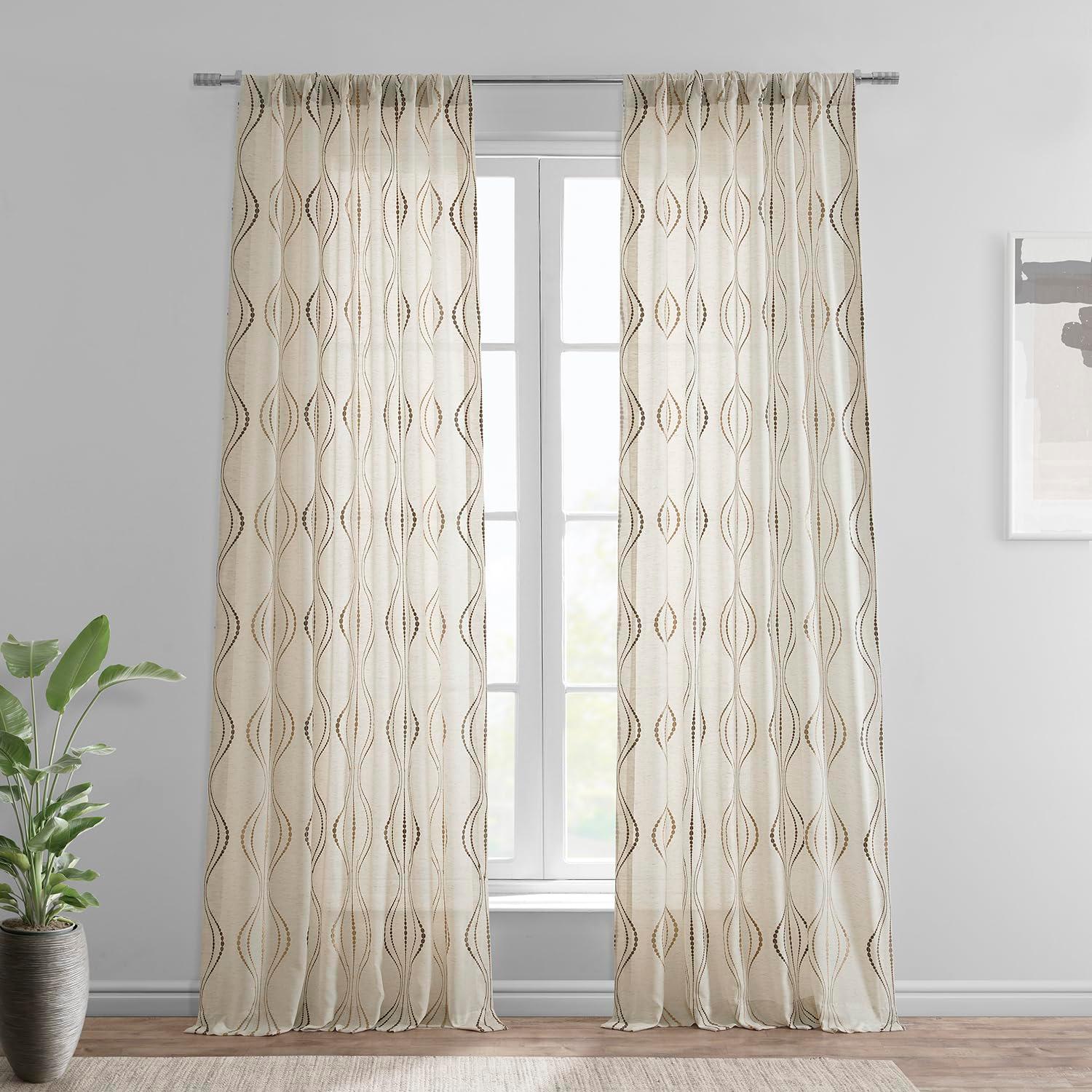 Suez Bronze Embroidered Faux Linen Sheer Curtain (1 Panel), Suez Bronze, 50W X 96L