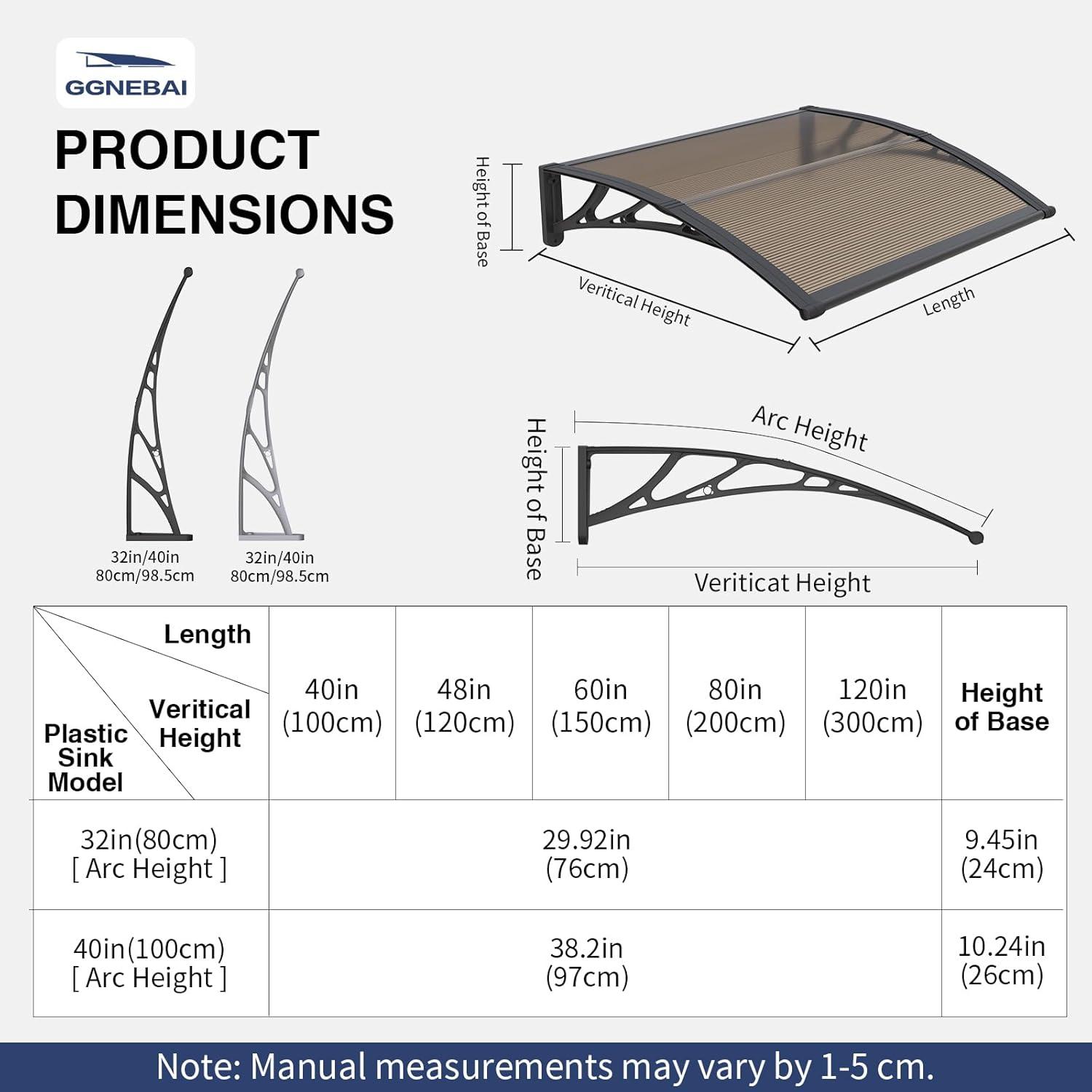 VEVOR Window Door Awning Canopy 40" x 40", UPF 50+ Polycarbonate Entry Door Outdoor Window Awning Exterior, Front Door Overhang Awning