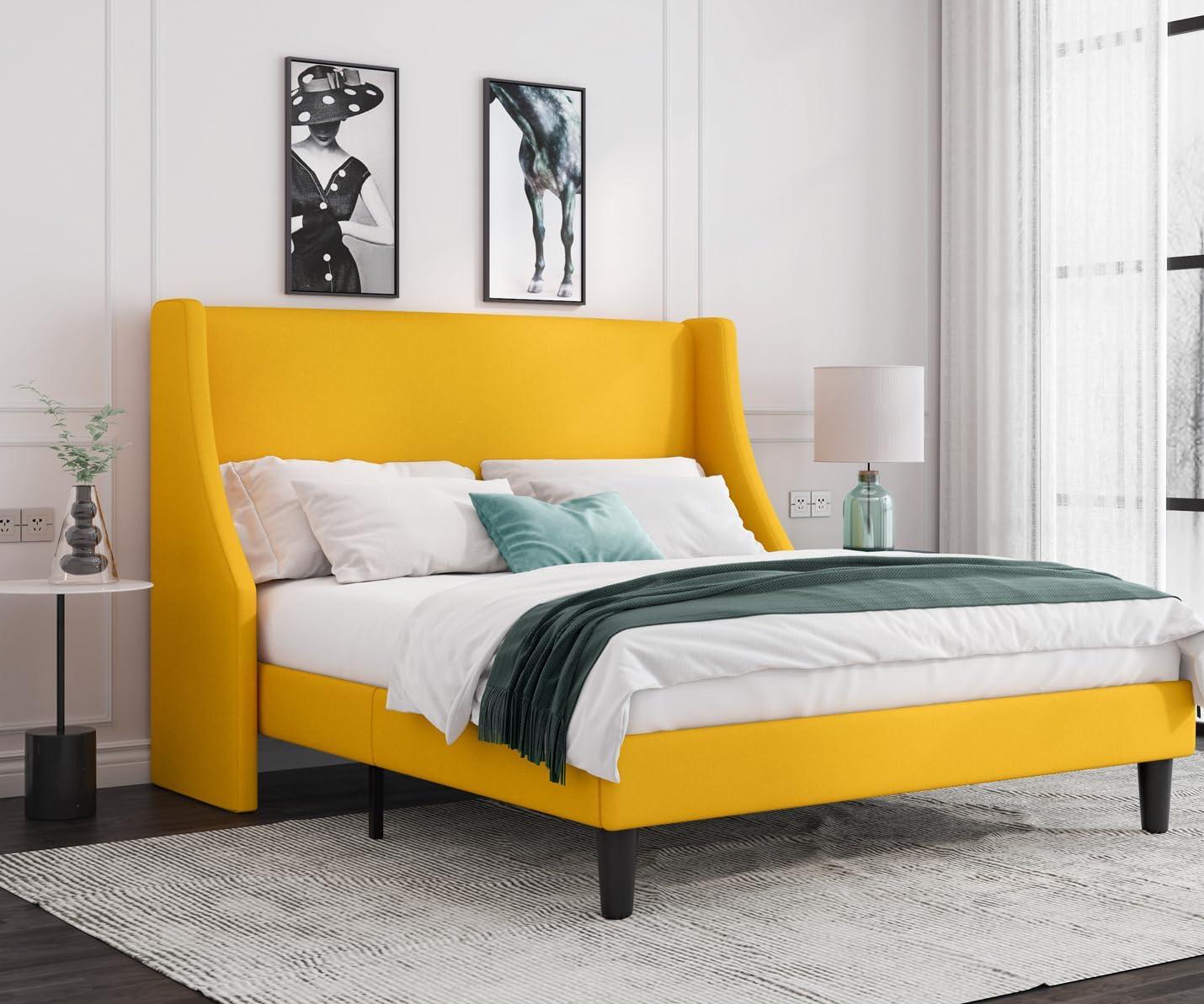 Allewie Platform Bed Frame Queen Size with Upholstered Headboard, Modern Deluxe Wingback, Wood Slat Support, Mattress Foundation, Light Yellow
