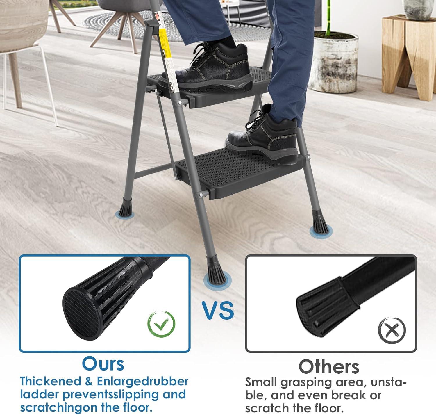 Gray Foldable Steel 2-Step Ladder with Anti-Slip Pedal