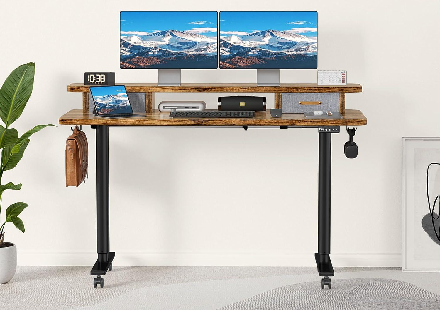 Rustic Brown Adjustable Height Standing Desk with Drawers and Shelf