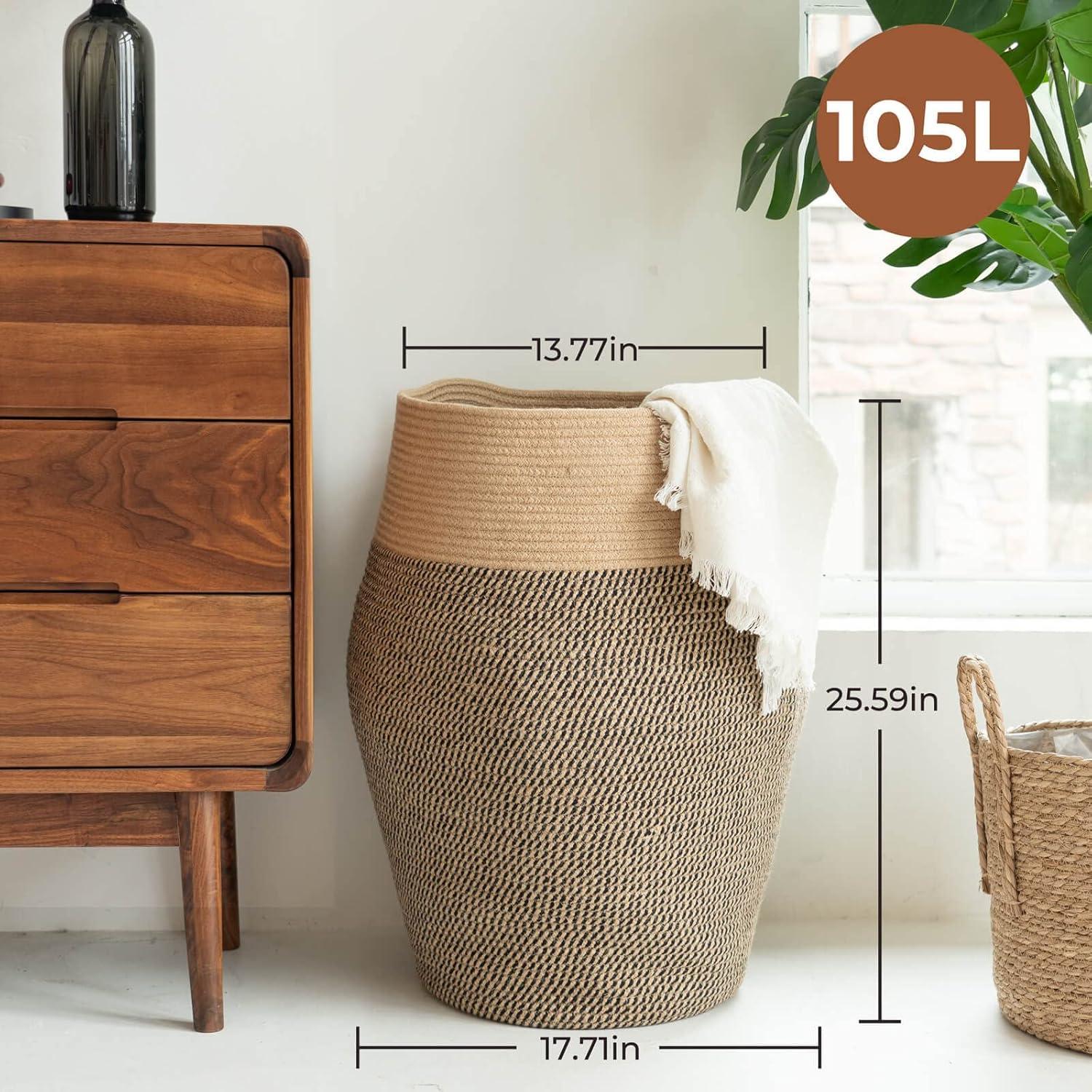 Tall Laundry Hamper | Woven Jute Rope Dirty Clothes Hamper Modern Hamper Basket Large for Laundry Room, 25.6" Height