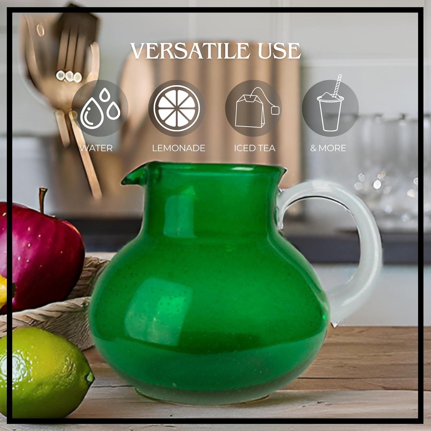 Artland Iris 90 Oz Handblown Glass Pitcher, Bubble Shape, Lead-Free, Versatile Drink Dispenser for Water, Juice, Cocktails, Dishwasher Safe - Green