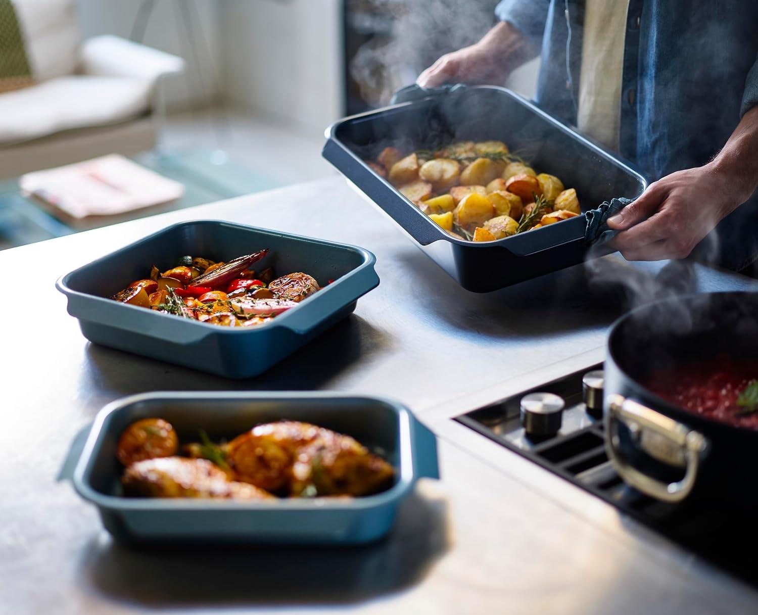 Blue Carbon Steel Non-Stick Stackable Roasting Pan Set