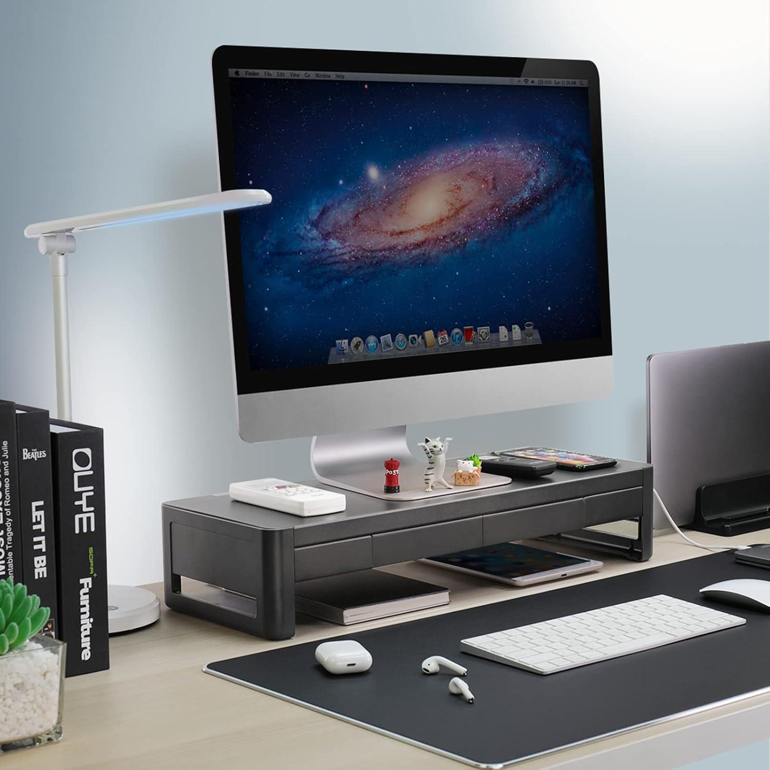 Black Metal Monitor Stand Riser with Storage Drawers and USB Ports