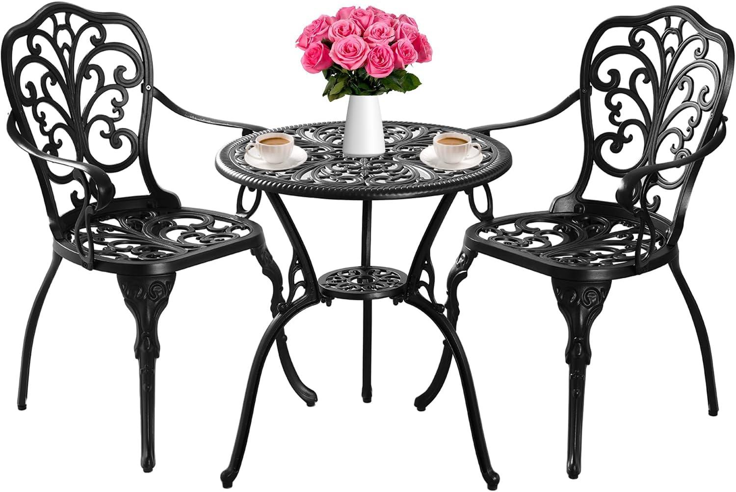 PATIO-IN 3 Piece Bistro Set Cast Aluminum Bistro Table and Chairs Set of 2 with Umbrella Hole,Patio Furniture Sets for Front Porch,Garden