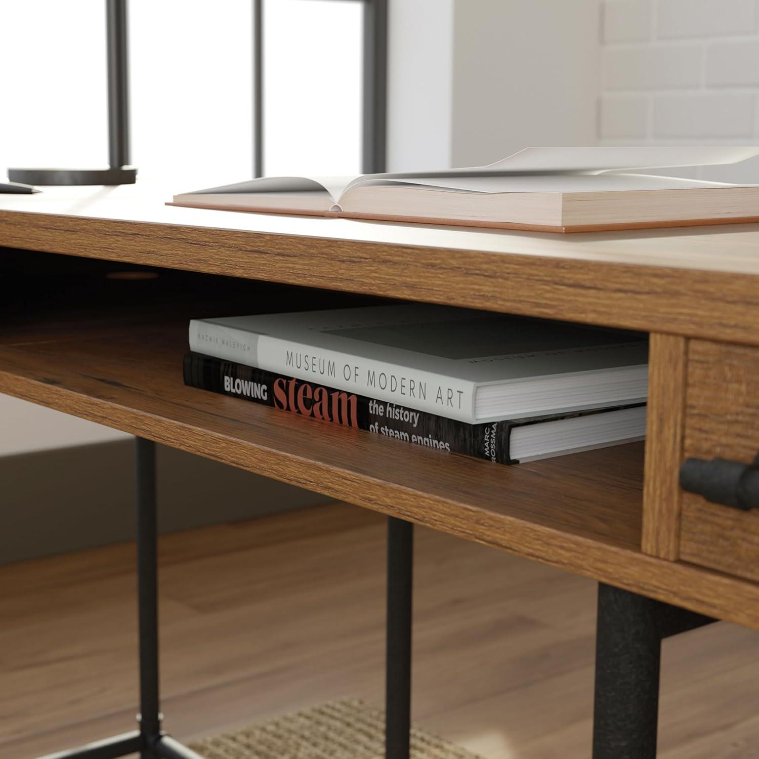 Sauder Iron City L Shaped Computer Desk Checked Oak: Industrial Style with Metal Frame & Hutch Storage