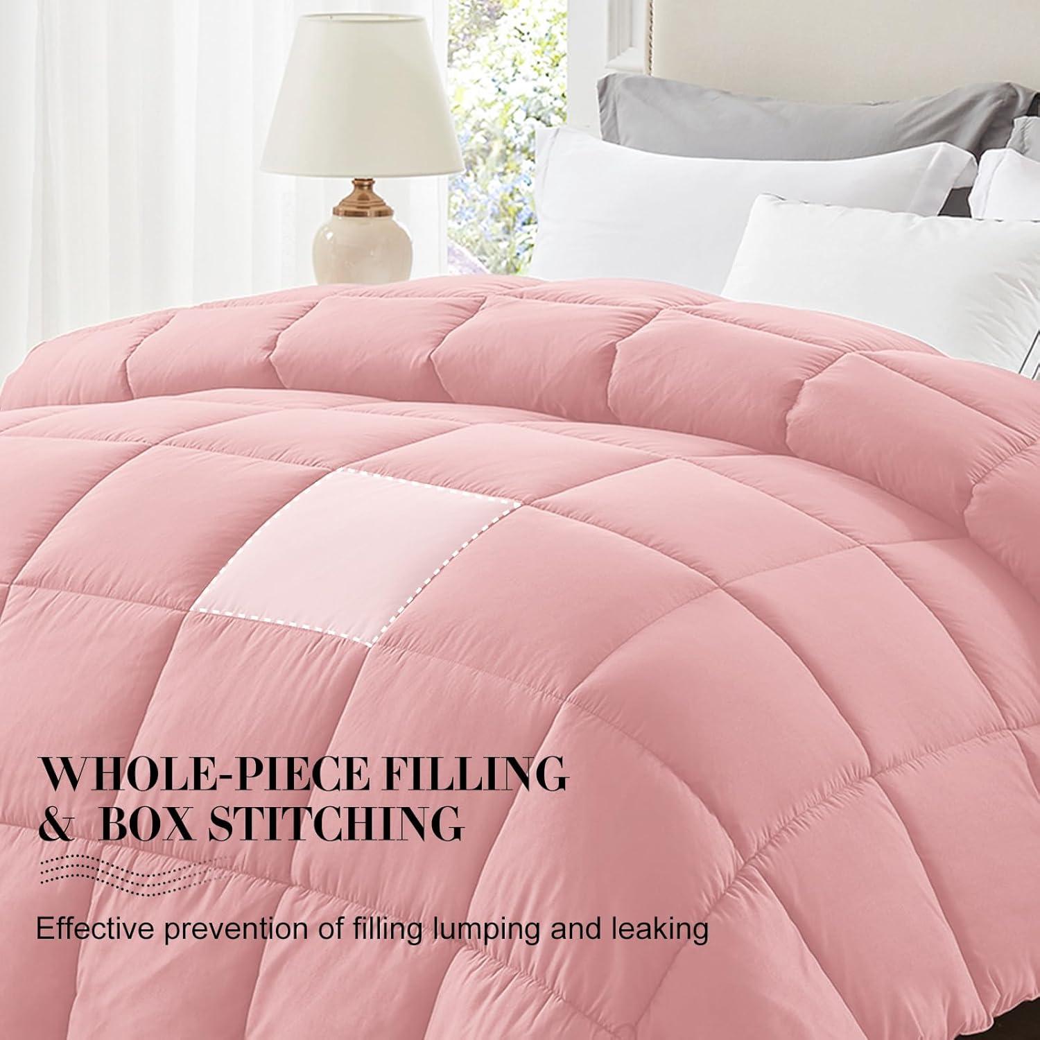 100% Cotton All-Season Comforter - Box Stitched Comforter - Bedding with Corner Tabs Machine Washable Lightweight Color Pink Solid Pattern Size Oversized Queen (98"x98")