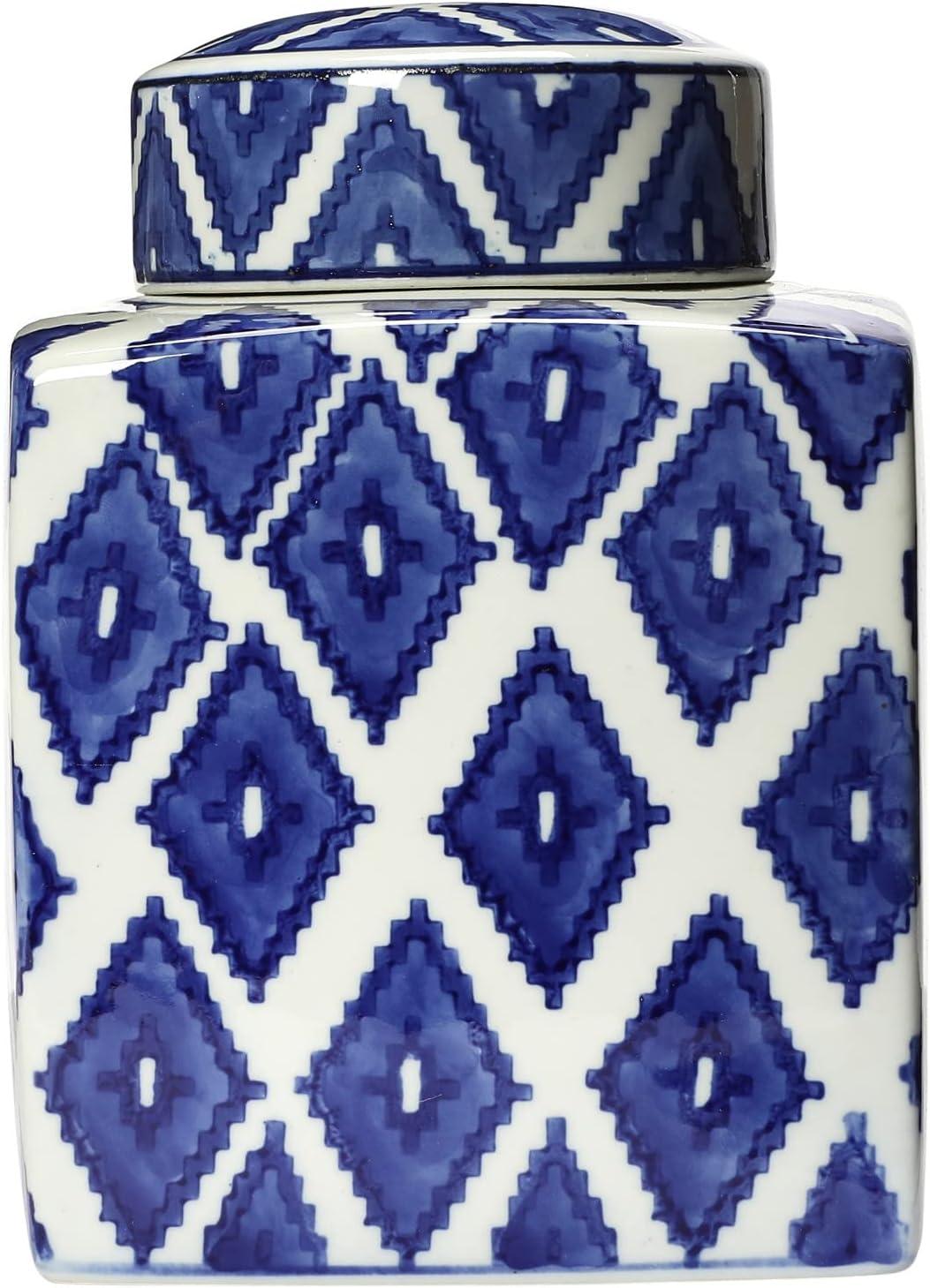 Creative Co-Op Decorative Diamond Square Ceramic Ginger Jar with Lid, Blue and White