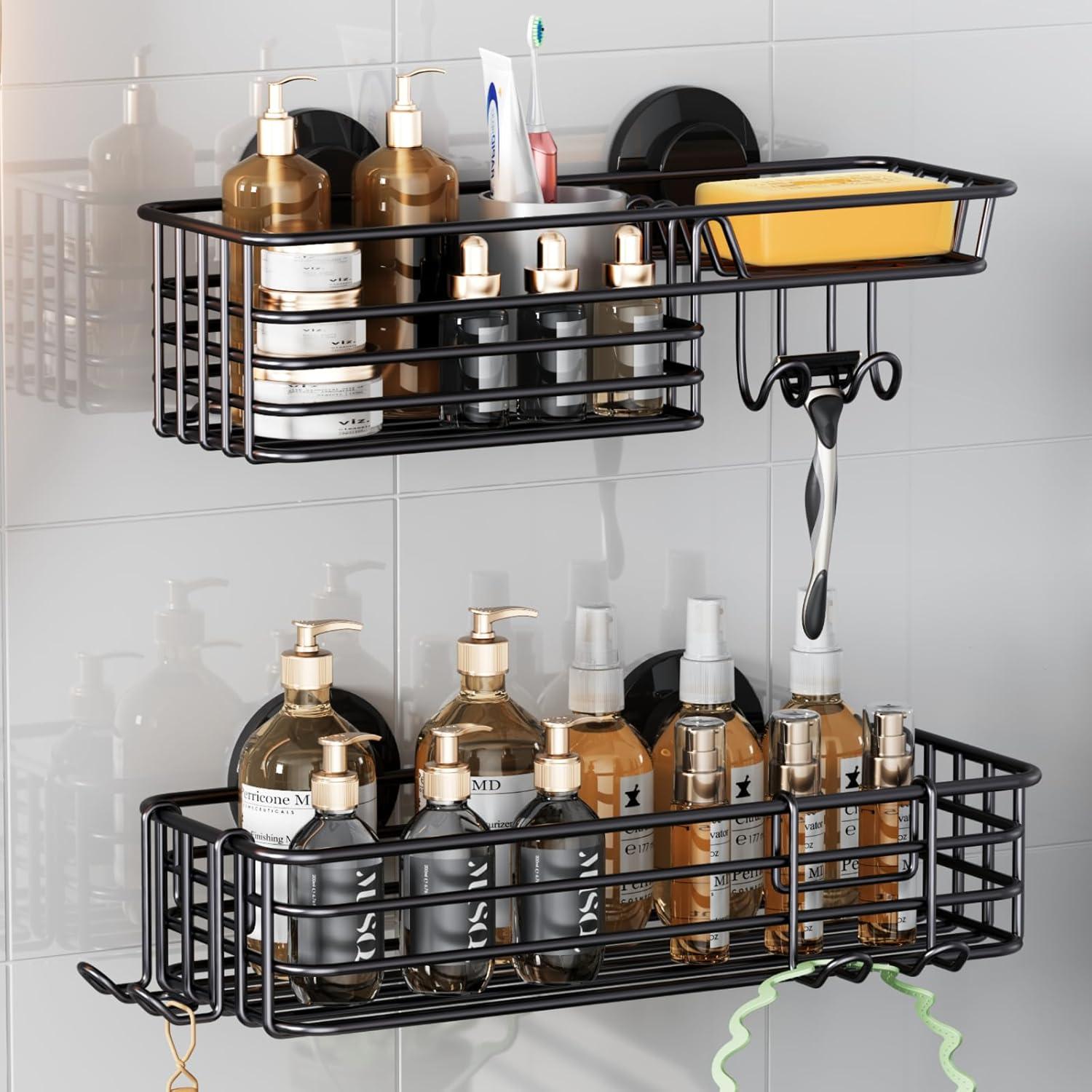 Shower Caddy Suction Cup 2 Pack With Hooks & Soap Holder, Heavy Duty Shower Organizer For Bathroom