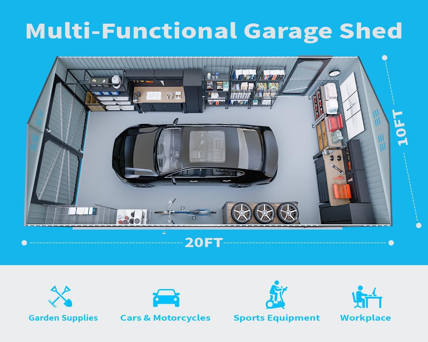 20 x 10 FT Outdoor Storage Shed, Large Metal Garden Shed with 2 Lockable Doors, Tool Shed Outdoor Storage with 4 Air Vents, Garage Shed Waterproof for Car, Truck, Bike, Garbage Can, Tool, Dark Gray