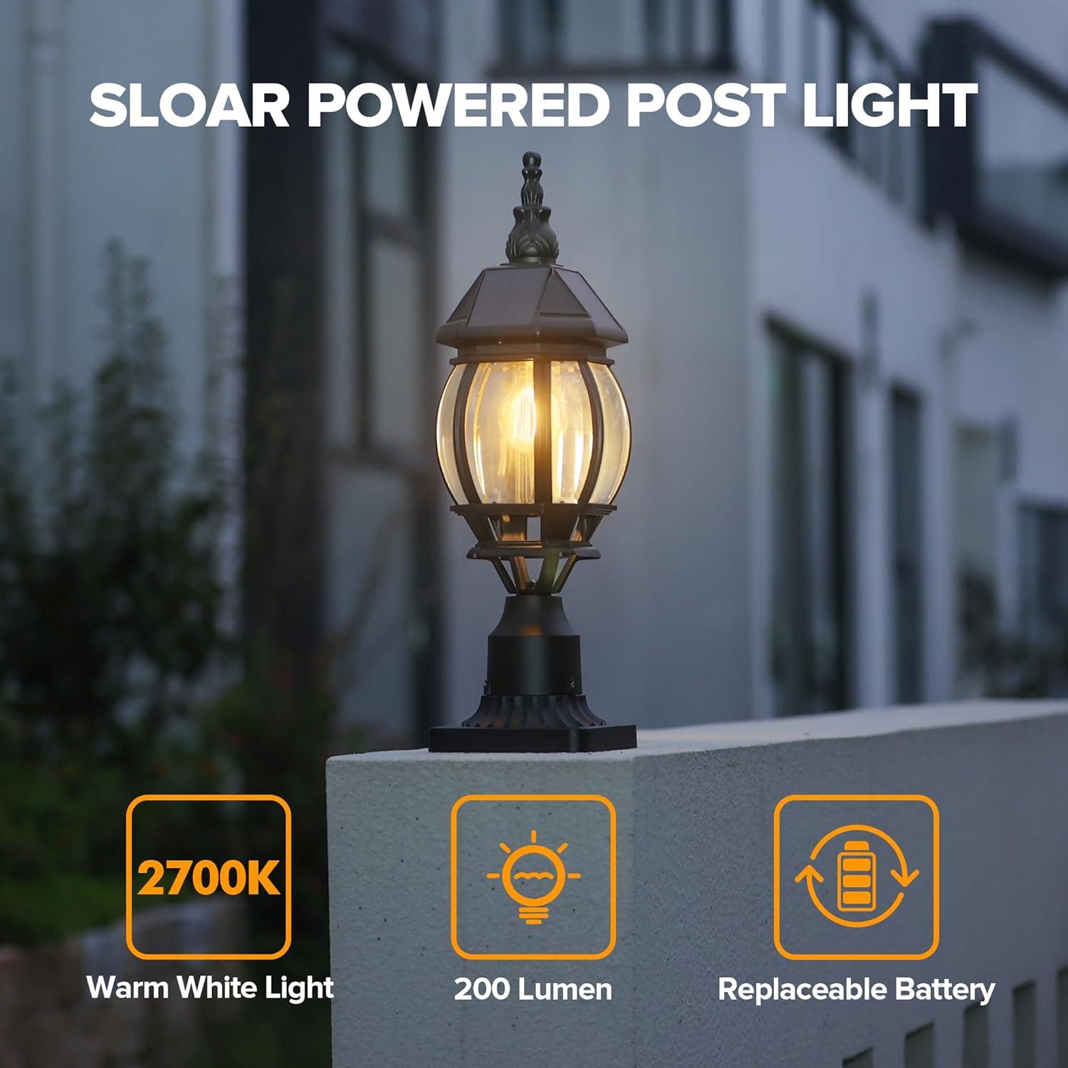 Solar Post Lamp Lights, 3000K Dusk to Dawn Solar Post Light with Pier Mount Base, Outdoor Waterproof Solar Motion Sensor Lights for Garden Yard Landscape Pole Pillar