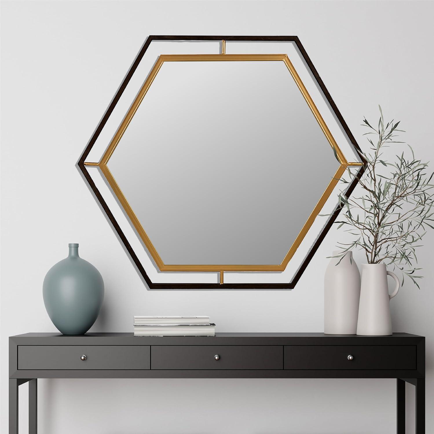 Hexagon Elegance 38" Gold and Black Metal Wall Mirror