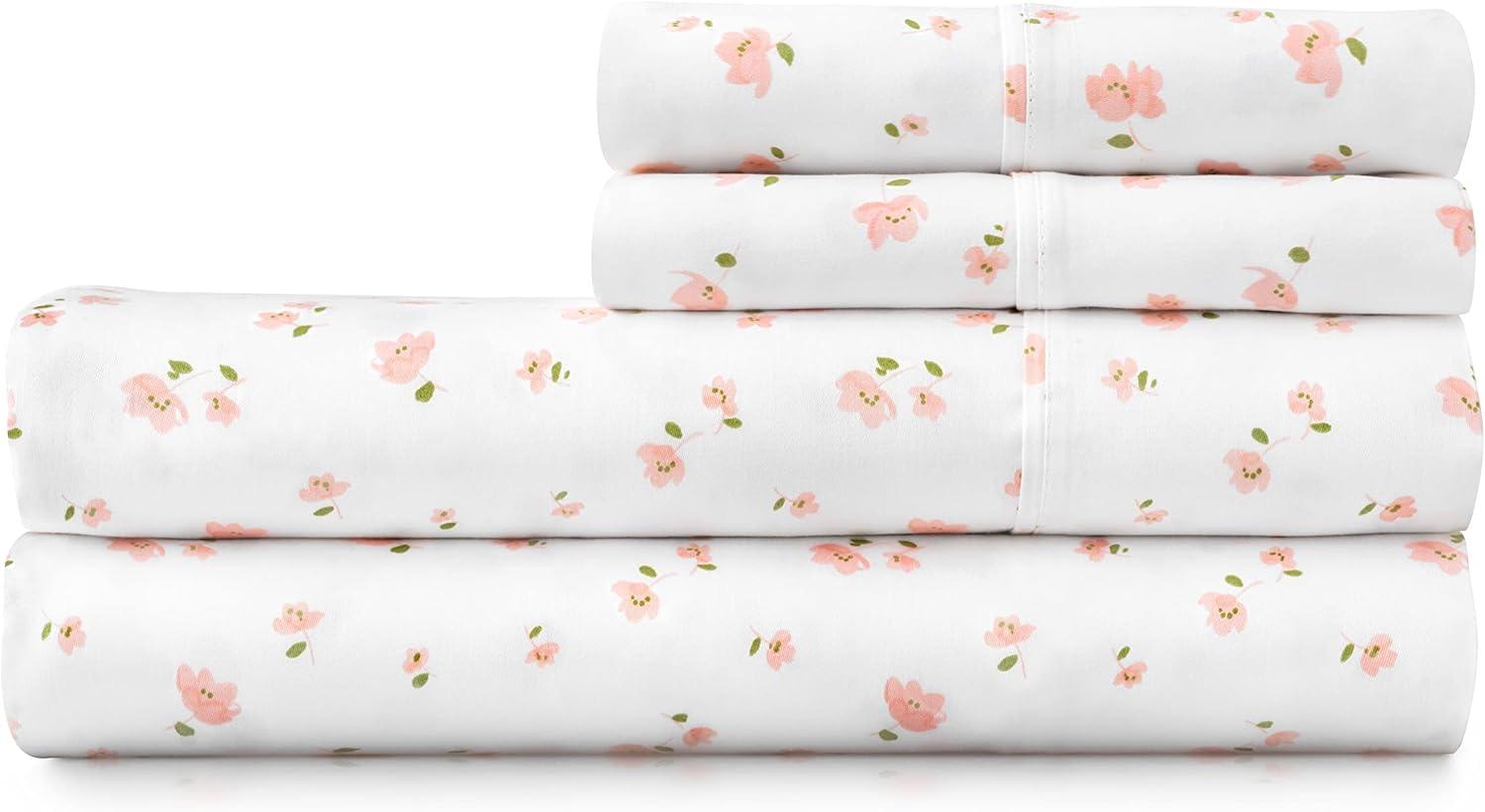 White Egyptian Cotton Queen Sheet Set with Floral Print