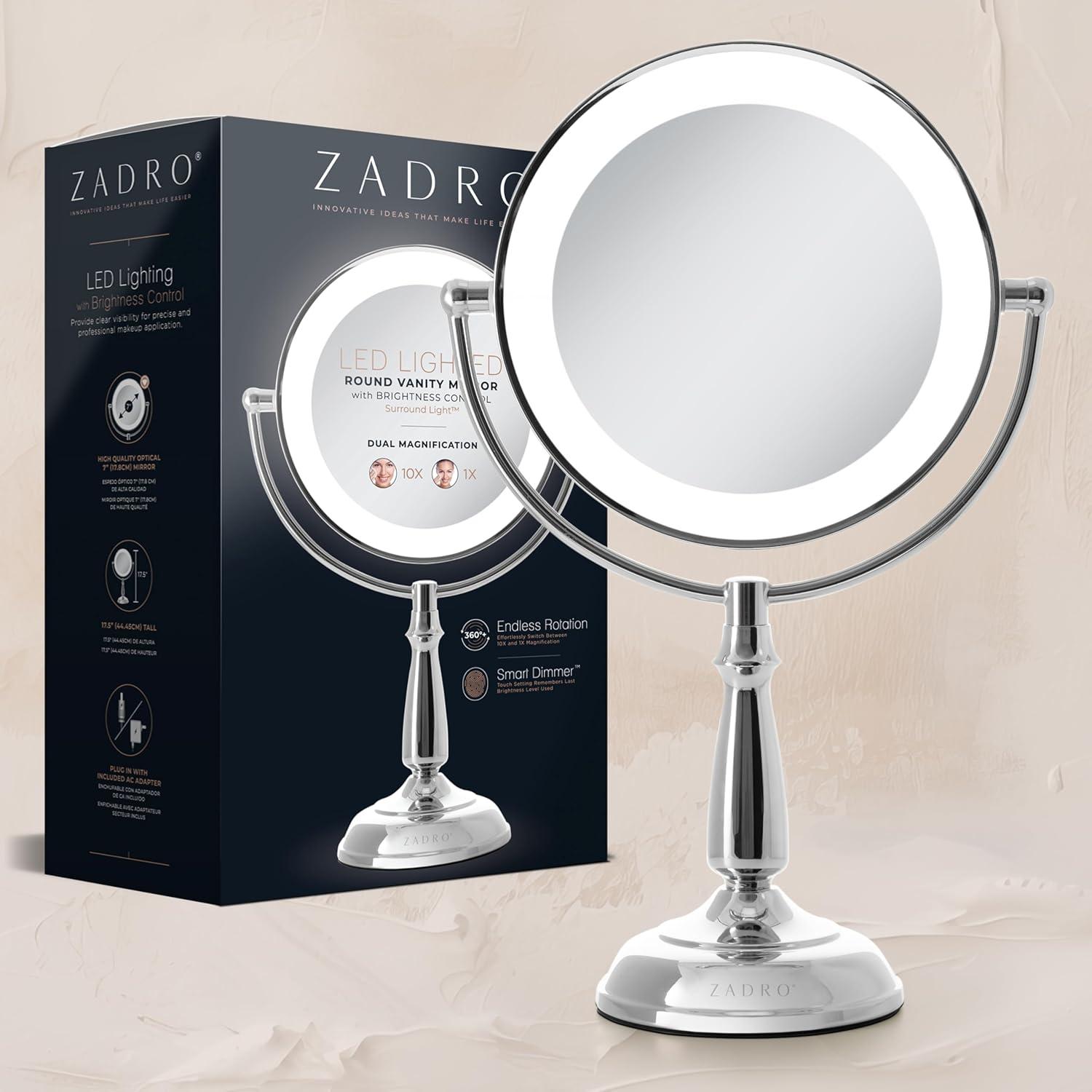 Chrome Round 10X/1X Magnifying LED Lighted Makeup Mirror