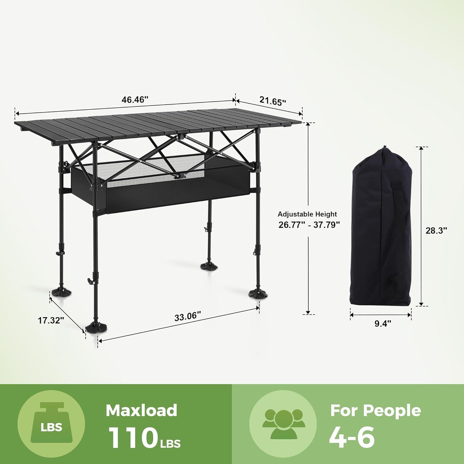 Folding Camping Table, Portable Aluminum Roll-Up Picnic Backpacking Table With Adjustable Height, Large Storage And Carrying Bag For Picnic, Camping, BBQ, Party, Backyard, Beach