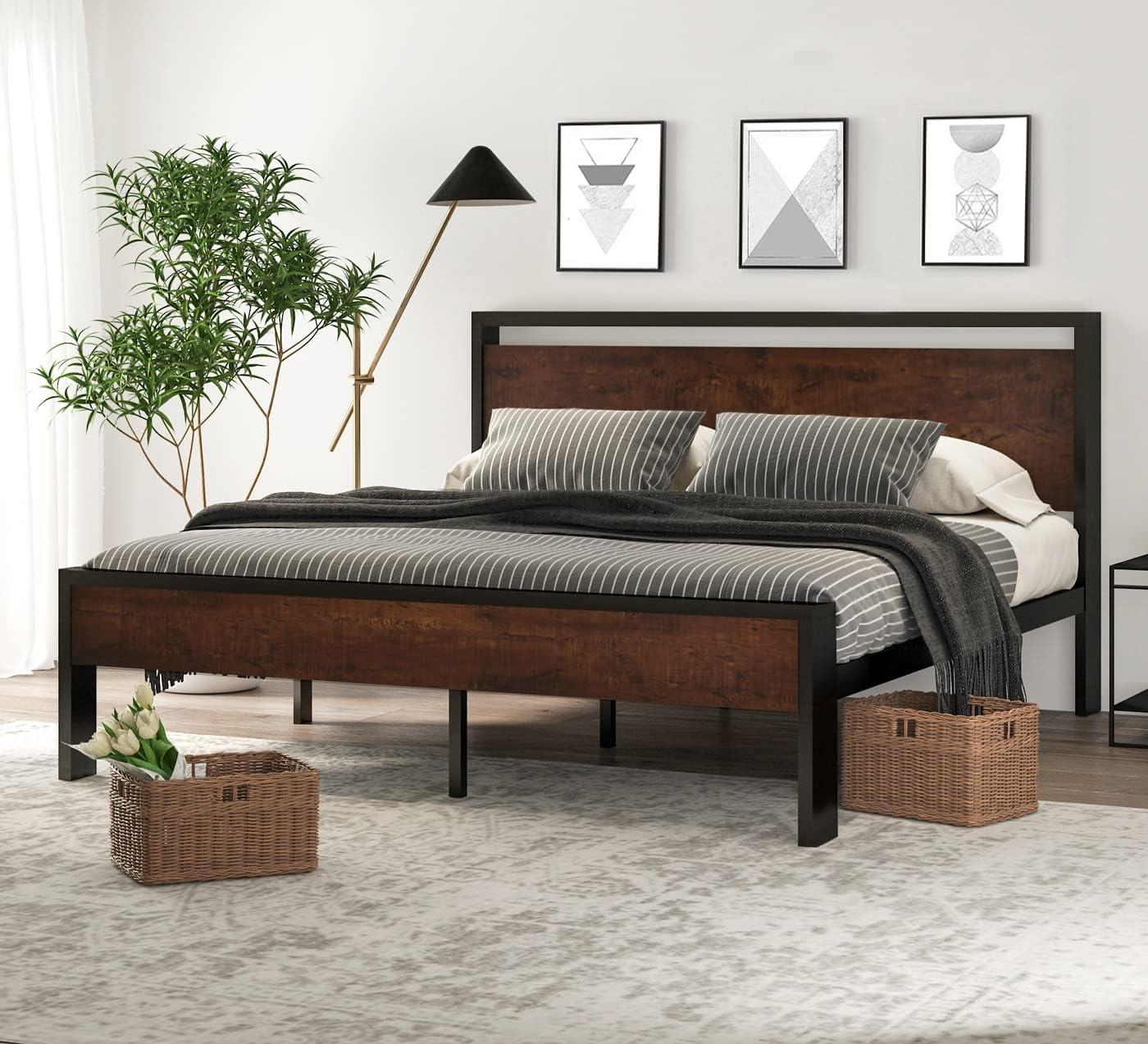 King Size Mahogany and Black Metal Platform Bed with Wood Headboard