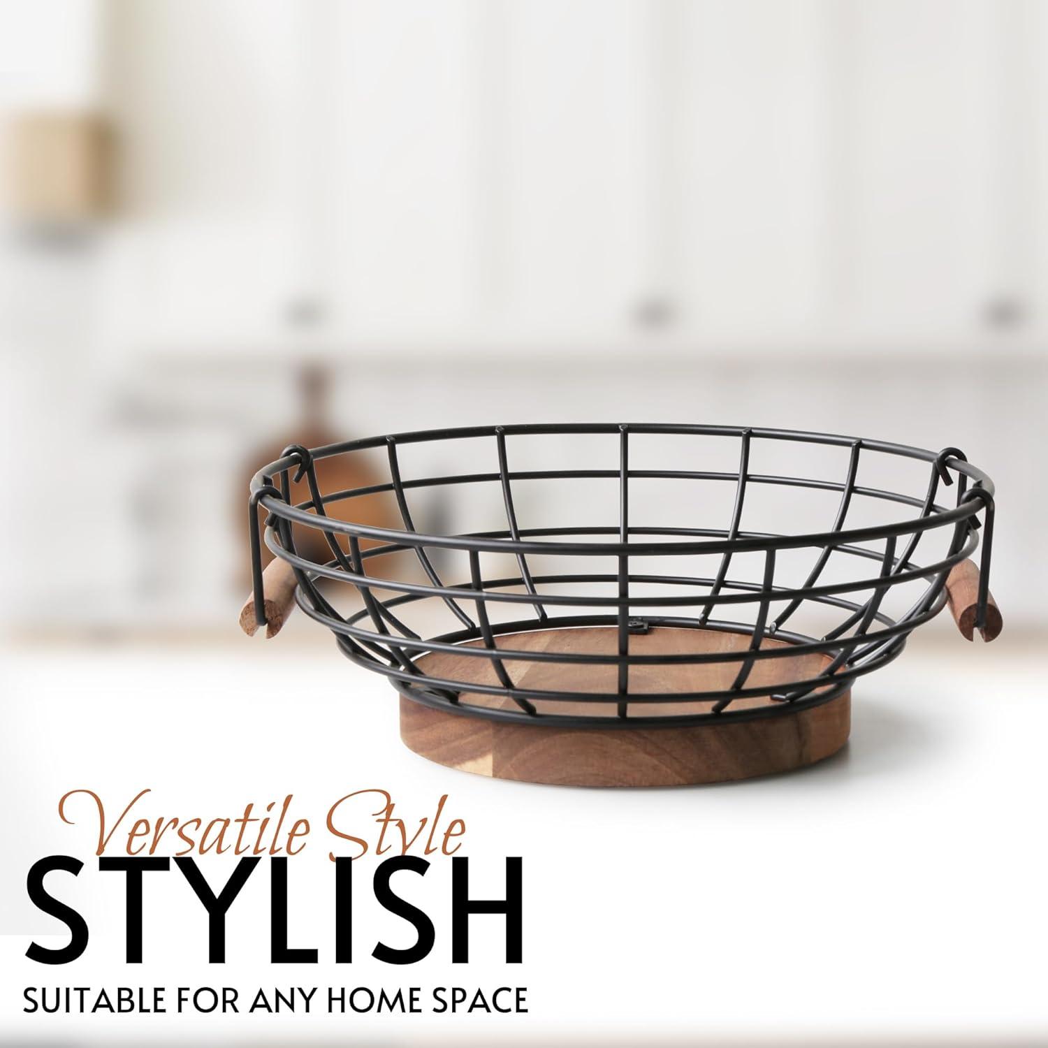 Fruit Basket,black Wire Basket with Acacia Wood Base,large Fruit Bowl for Countertop,black Baskets for Fruits, Breads, Vegetables Storage. (10-inch)