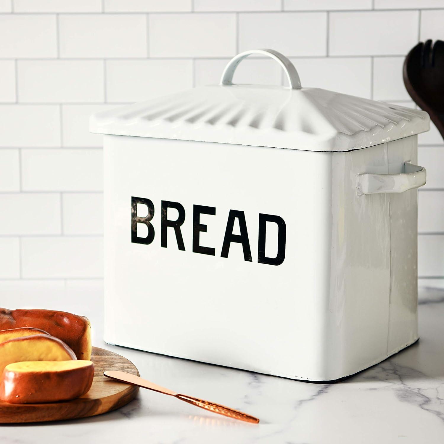 Creative Co-Op Farmhouse Enameled Metal Bread Box with "Bread" Message, White and Black