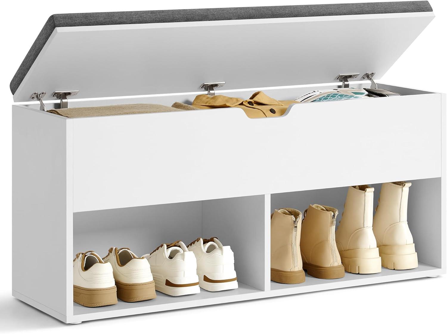 White and Gray Storage Bench with Cushion and Shoe Rack