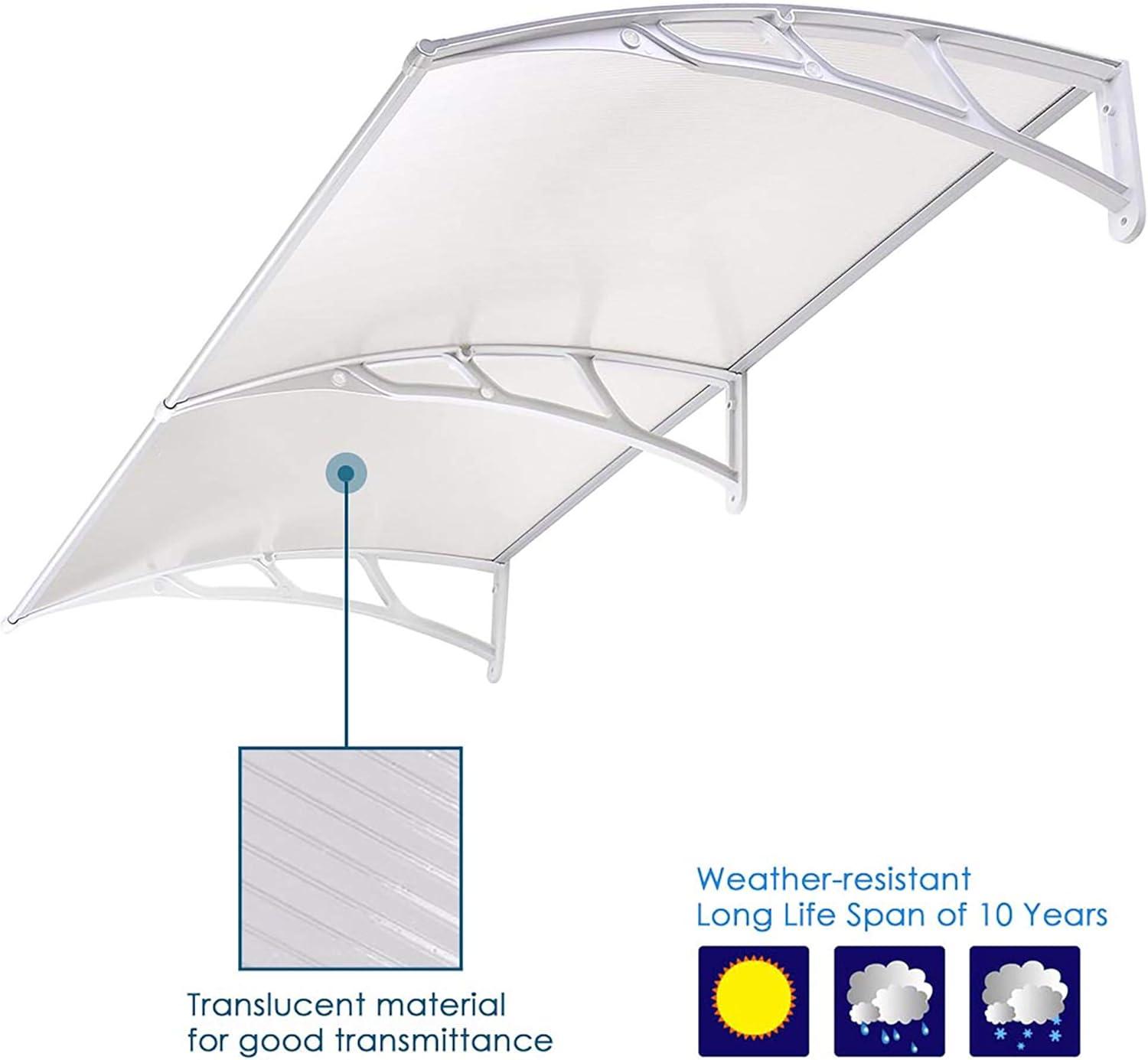 Yescom 80"x40" Door Window Awning Whole One-piece Polycarbonate UV30+ Outdoor Rain Snow Protection Transparent White White Board & White Bracket