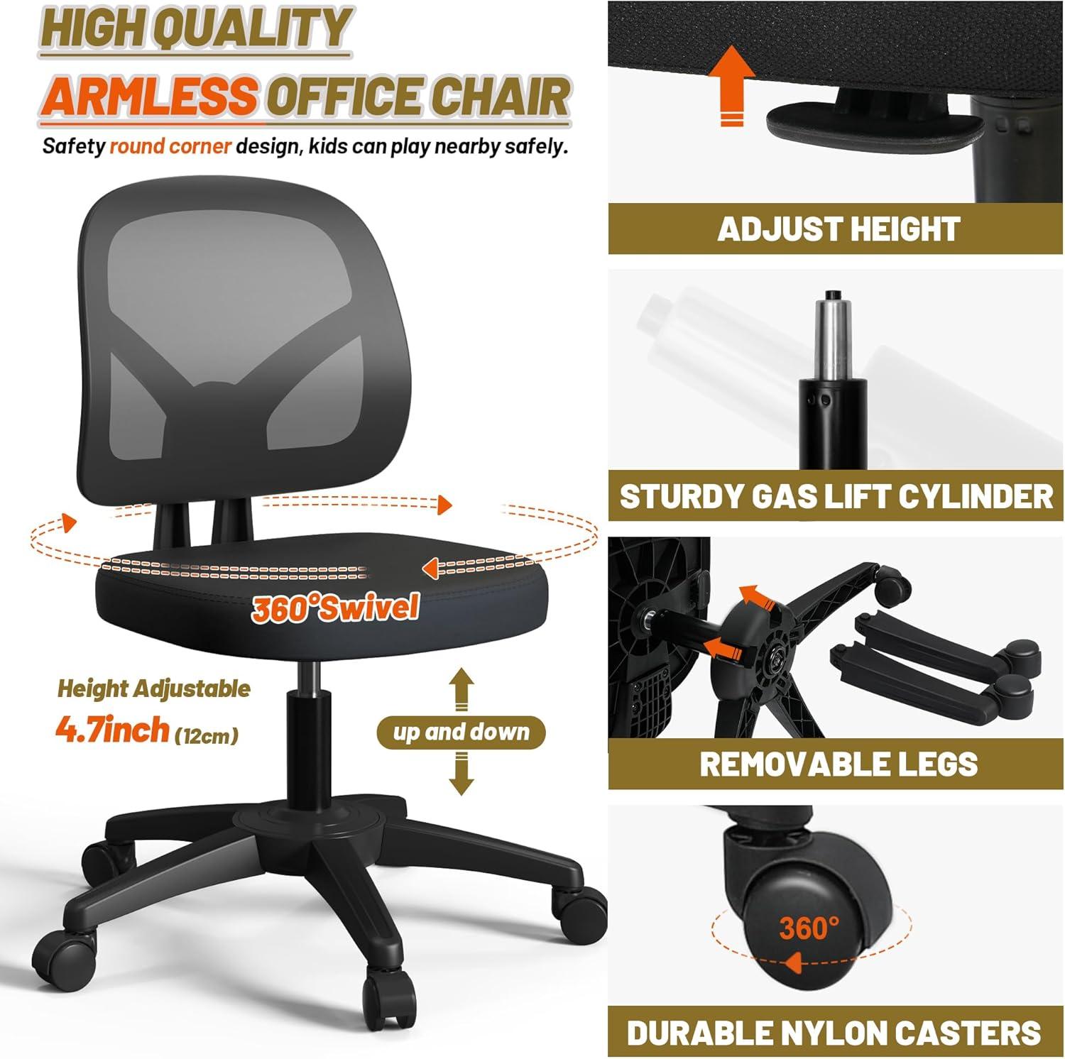 Mesh Office Chair Ergonomic Small Desk Chair No Arms Black Swivel Computer Chair with Wheels Task Chair for Small Spaces Mid Back Home Office Chair for Adults and Kids
