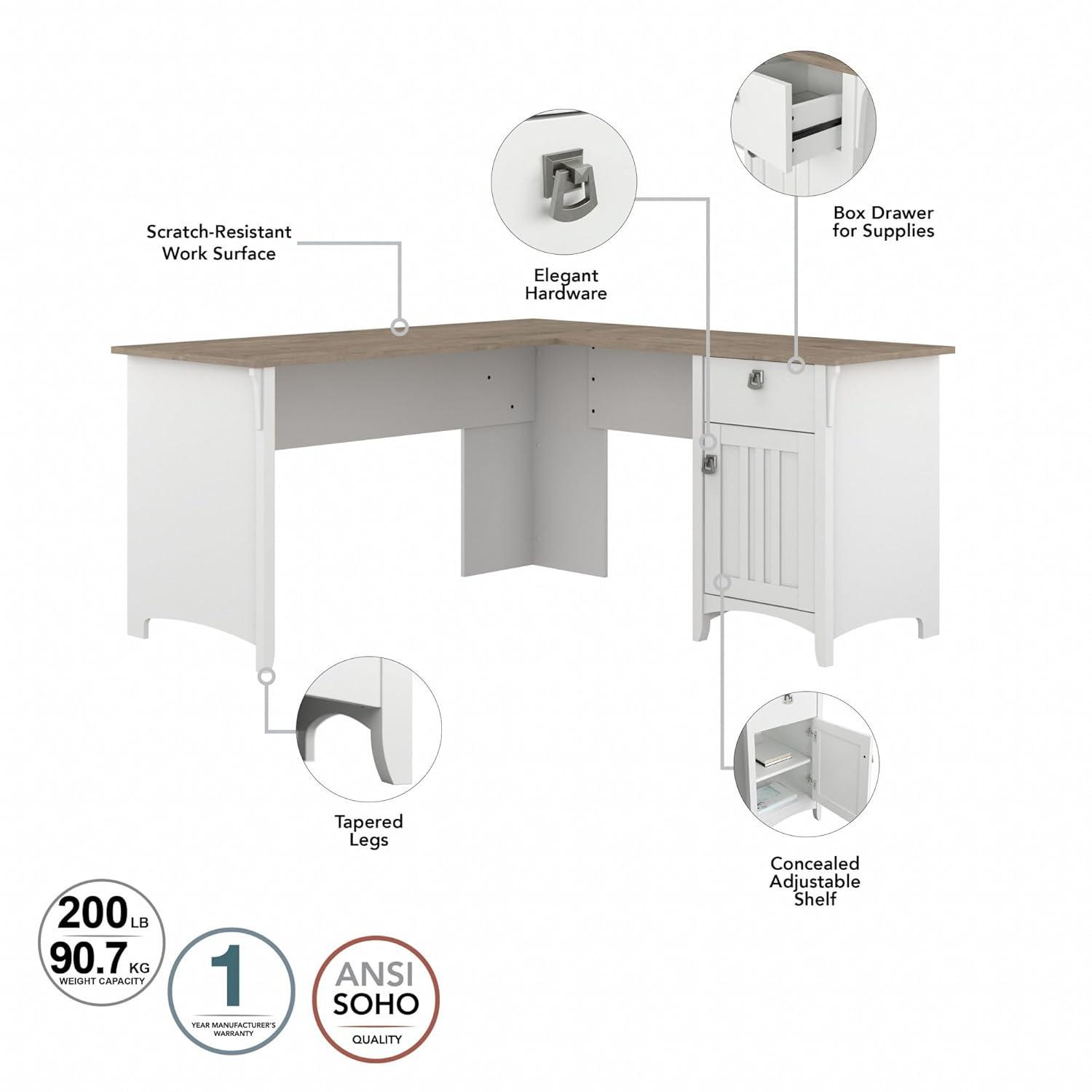 Bush Furniture Salinas 60" L Shaped Desk with Storage, Shiplap Gray & Pure White